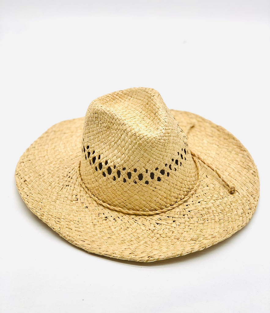 Macho Natural Unisex Straw Cowboy Hat with Adjustable Wire Rim handmade woven raffia in a solid hue of natural straw color in a structured crown style with negative space for breathability and pliable wire rim with matching twisted cord hat band - Shebobo