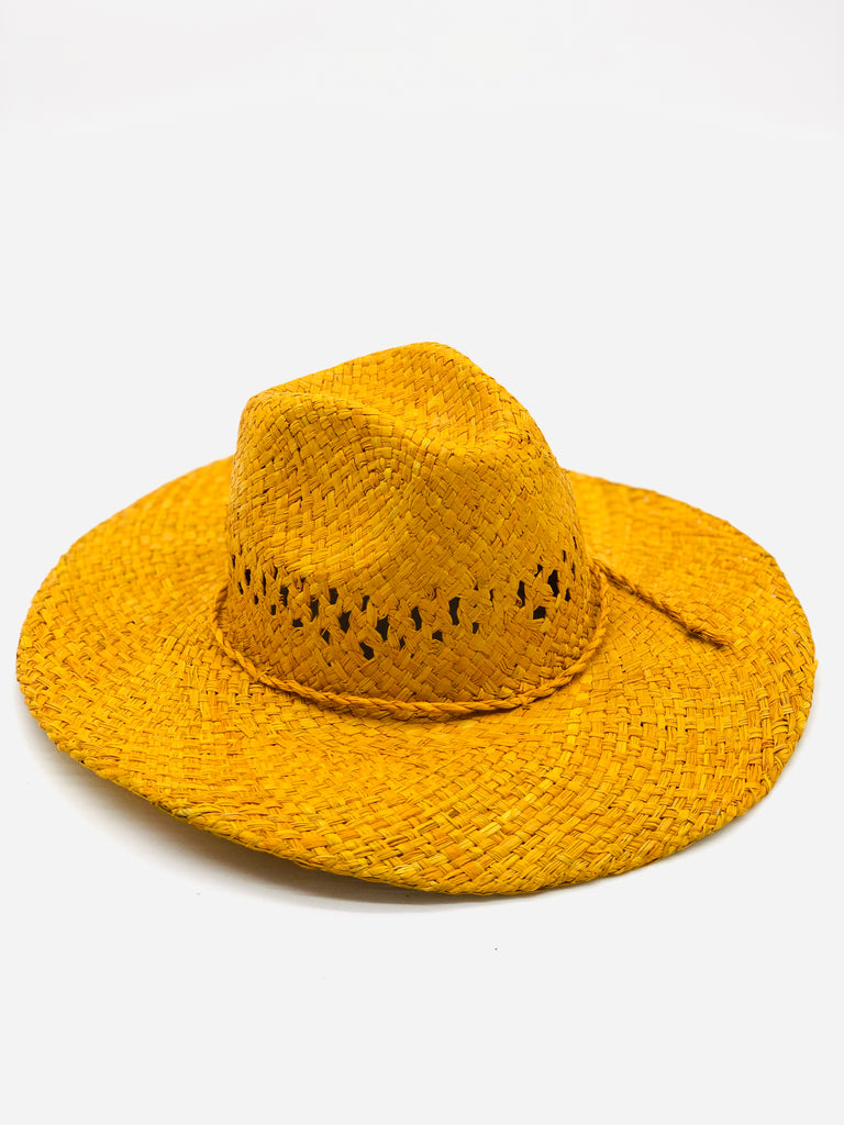 Macho Saffron Unisex Straw Cowboy Hat with Adjustable Wire Rim handmade woven raffia in a solid hue of saffron yellow in a structured crown style with negative space for breathability and pliable wire rim with matching twisted cord hat band - Shebobo