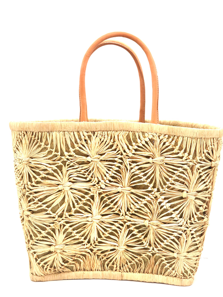 Macrame Diamond Straw Basket Bag Handmade knotted natural raffia palm fiber in a geometric diamond pattern handbag with leather handles - Shebobo