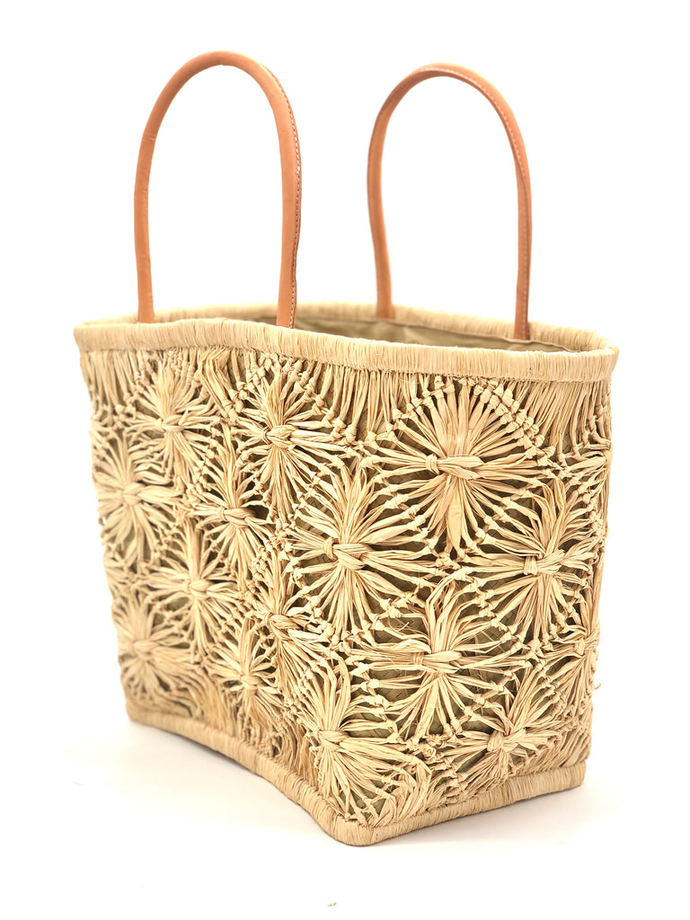 Side view Macrame Diamond Straw Basket Bag Handmade knotted natural raffia palm fiber in a geometric diamond pattern handbag with leather handles - Shebobo