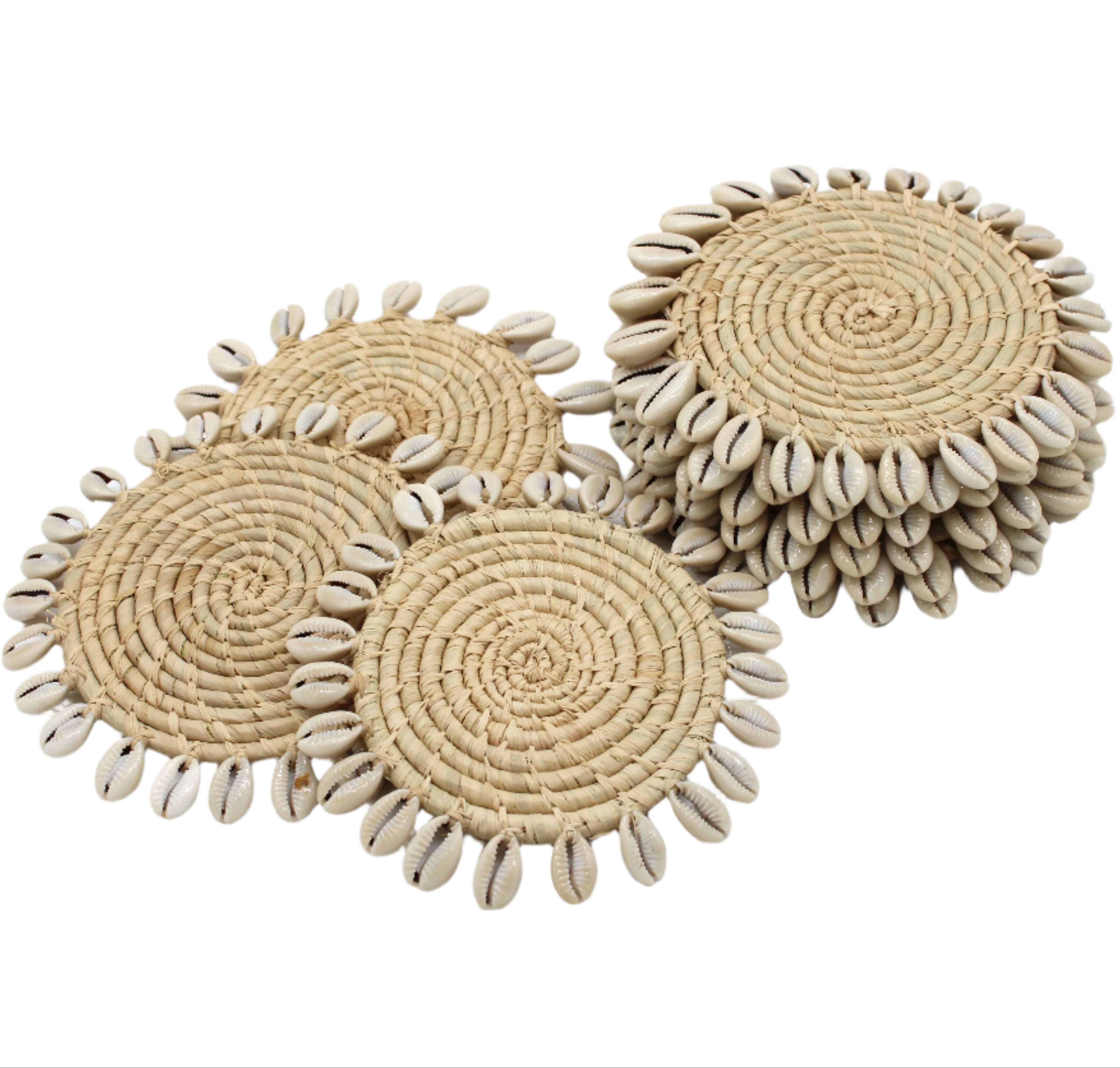 Makena Round Crochet Natural Raffia Straw Coasters handmade woven raffia palm fiber in a solid hue of natural straw color with coiled loop texture discs with cowrie shell edge embellishment set of six - Shebobo