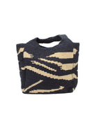 Mamie XL Crochet Straw Basket Handbag handmade crochet natural raffia palm fiber in a two tone black and natural straw color zebra stripe pattern purse beach bag - Shebobo