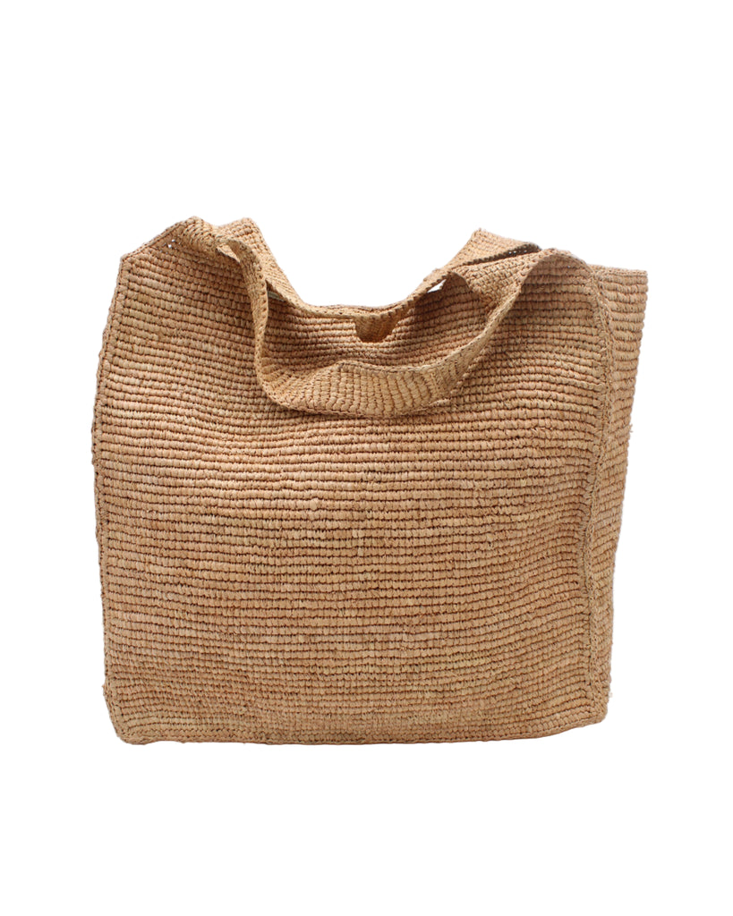 Mamie XL Crochet Straw Basket Handbag handmade crochet natural raffia palm fiber in a solid hue of cappuccino tea/light/brown purse beach bag - Shebobo