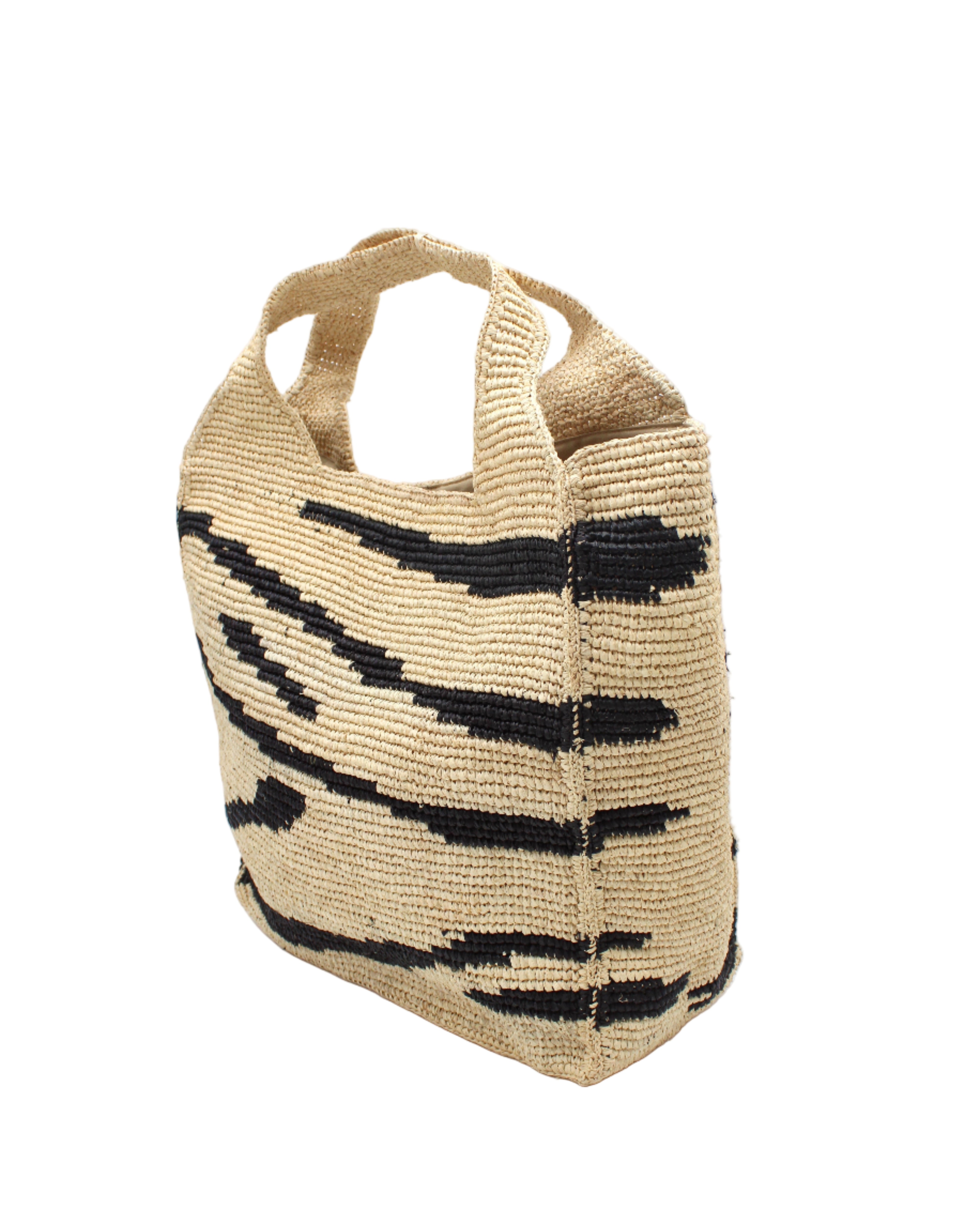 Side view Mamie XL Crochet Straw Basket Handbag handmade crochet natural raffia palm fiber in a two tone natural and black zebra stripe pattern purse beach bag - Shebobo