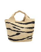 Mamie XL Crochet Straw Basket Handbag handmade crochet natural raffia palm fiber in a two tone natural and black zebra stripe pattern purse beach bag - Shebobo