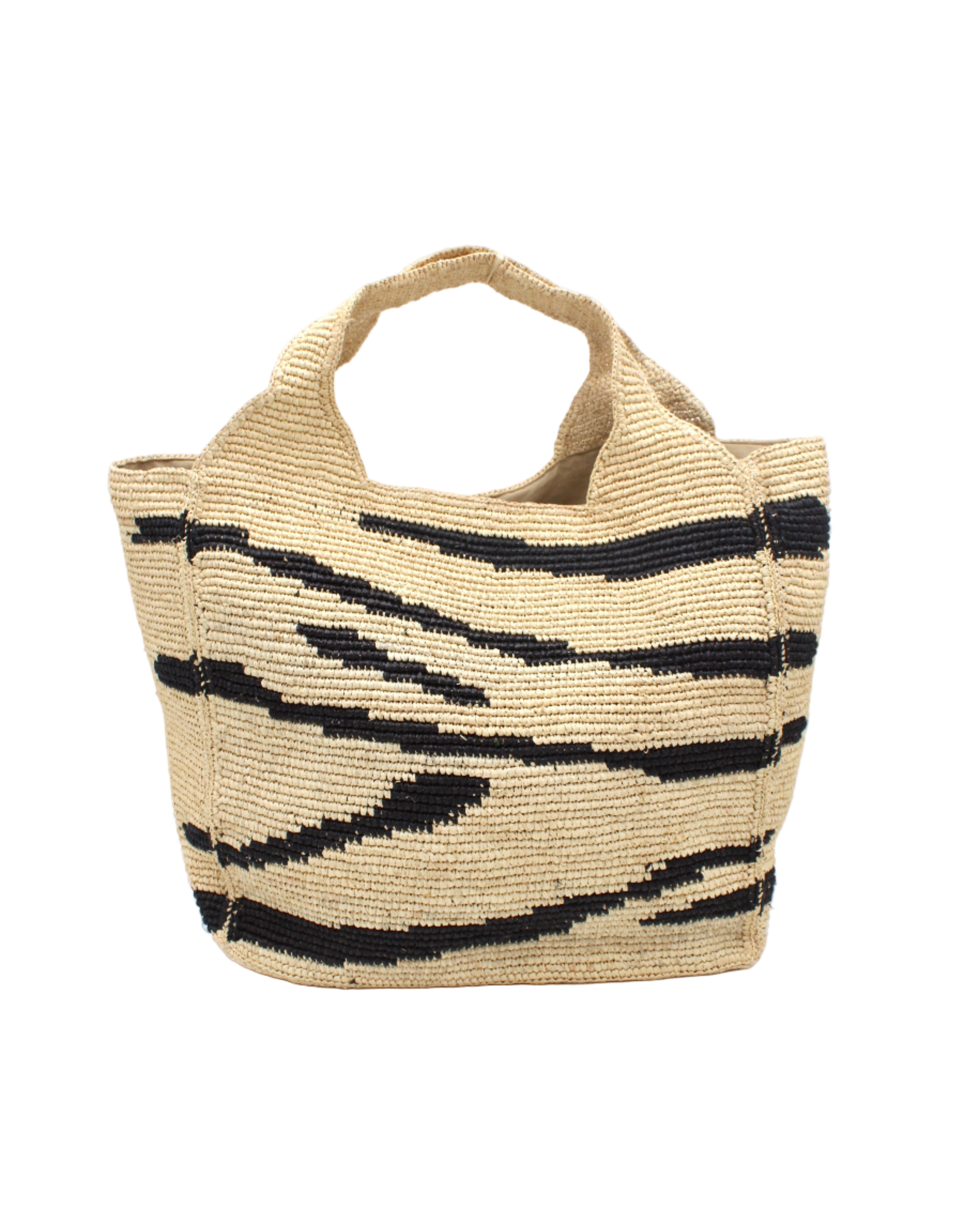 Mamie XL Crochet Straw Basket Handbag handmade crochet natural raffia palm fiber in a two tone natural and black zebra stripe pattern purse beach bag - Shebobo