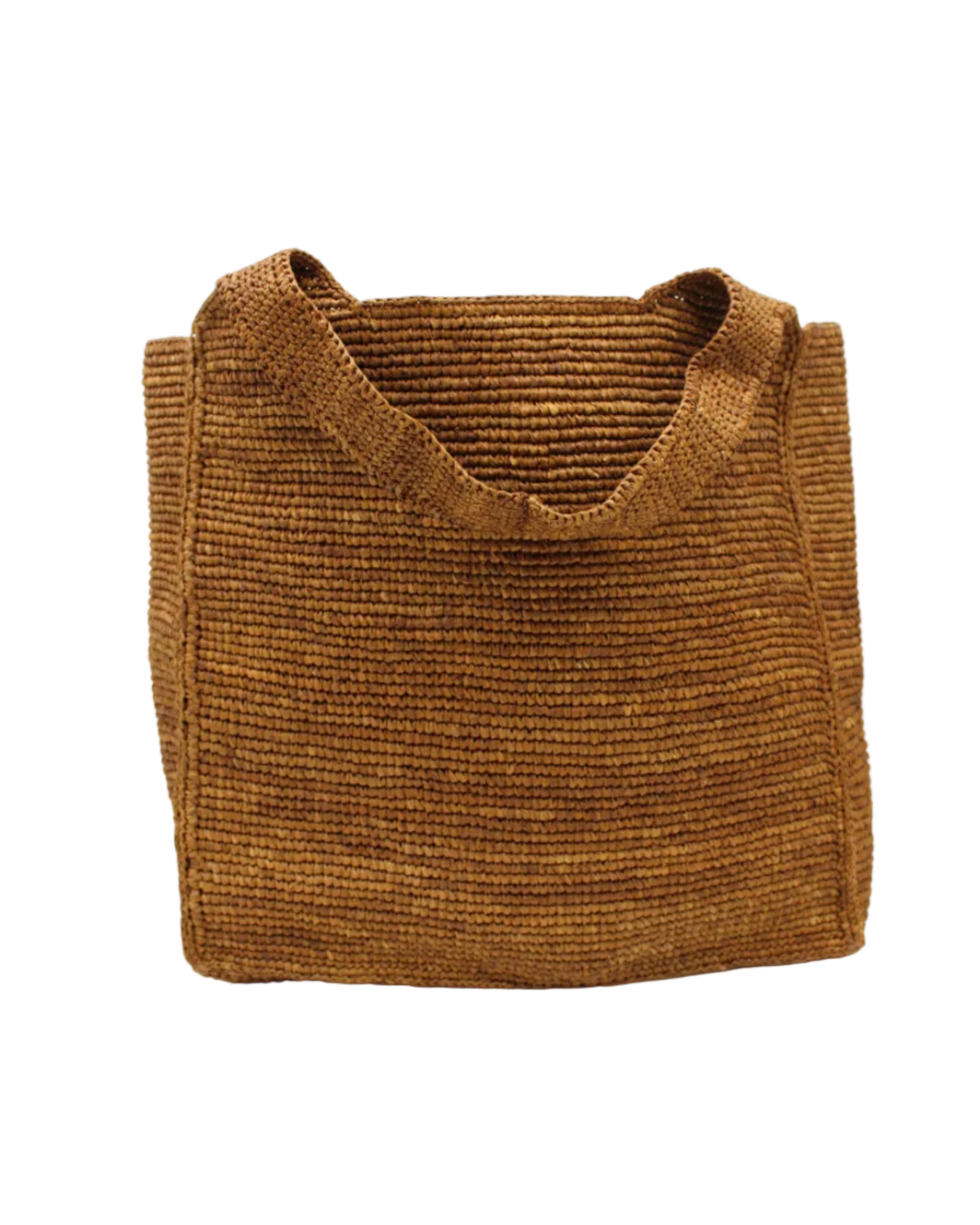 Mamie XL Crochet Straw Basket Handbag handmade crochet natural raffia palm fiber in a solid hue of Tobacco cinnamon/dark/brown purse beach bag - Shebobo
