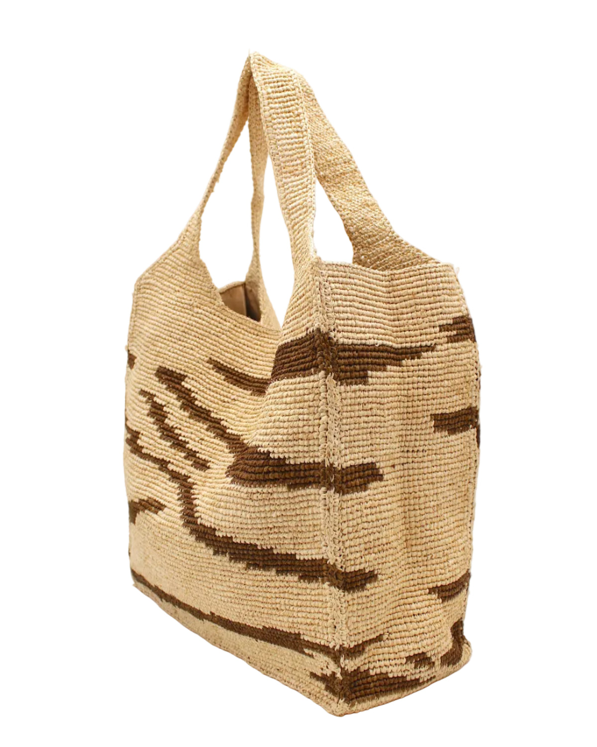 Side view Mamie XL Crochet Straw Basket Handbag handmade crochet natural raffia palm fiber in a two tone natural straw color and tobacco dark/cinnamon/brown zebra stripe pattern purse beach bag - Shebobo