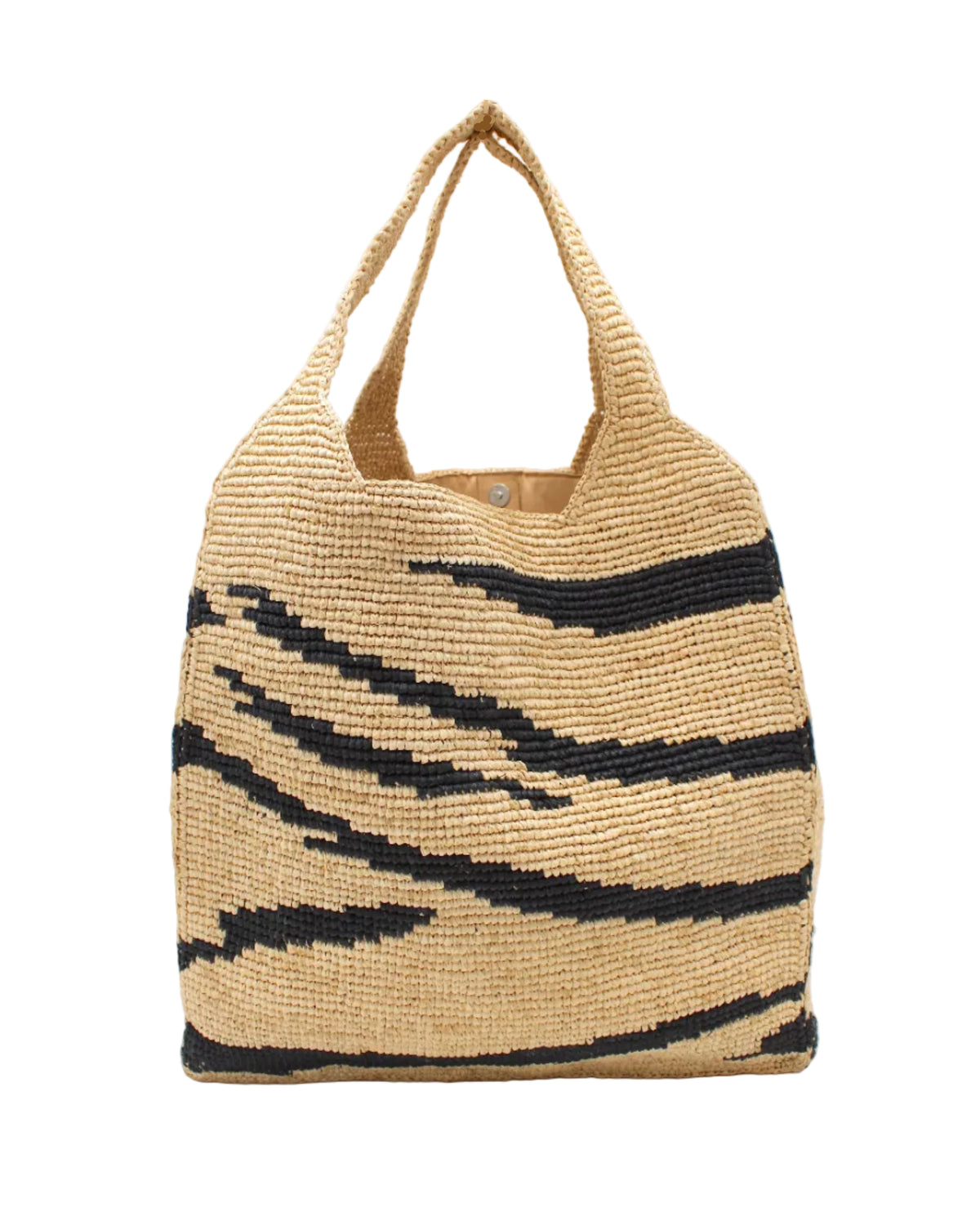 Mamie XL Crochet Straw Basket Handbag handmade crochet natural raffia palm fiber in a two tone natural straw color and black zebra stripe pattern purse beach bag - Shebobo