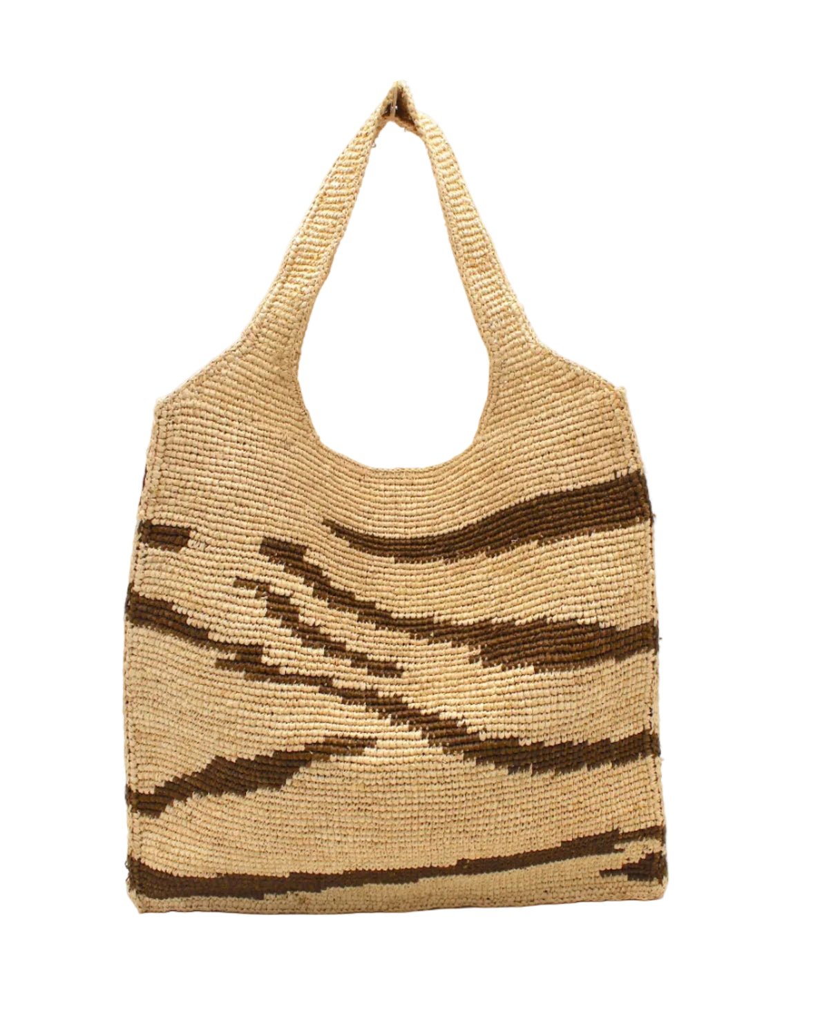 Mamie XL Crochet Straw Basket Handbag handmade crochet natural raffia palm fiber in a two tone natural and tobacco dark/cinnamon/brown zebra stripe pattern purse beach bag - Shebobo