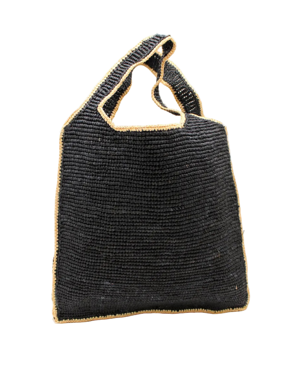 Mamie Zigzag Pinstripe XL Crochet Straw Basket Handbag handmade crochet natural raffia palm fiber in a solid hue of black purse beach bag with contrasting natural straw color zigzag pinstripe pattern on the sides of the bag and matching outer edge - Shebobo
