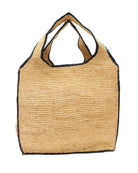 Mamie Zigzag Pinstripe XL Crochet Straw Basket Handbag handmade crochet natural raffia palm fiber in a solid hue of natural straw color purse beach bag with contrasting black zigzag pinstripe pattern on the sides of the bag and matching outer edge - Shebobo
