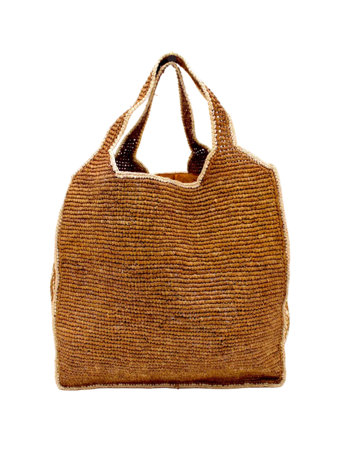 Mamie Zigzag Pinstripe XL Crochet Straw Basket Handbag handmade crochet natural raffia palm fiber in a solid hue of tobacco dark/cinnamon/brown purse beach bag with contrasting natural straw color zigzag pinstripe pattern on the sides of the bag and matching outer edge - Shebobo