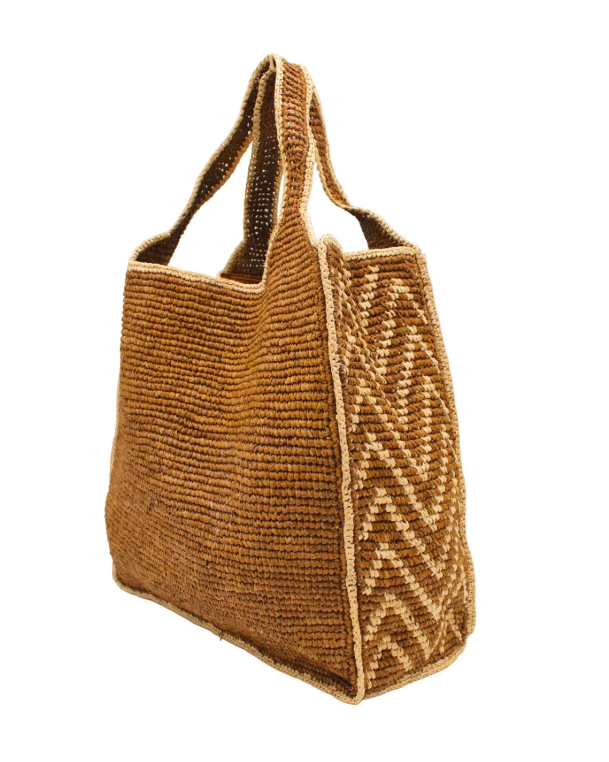 Side view Mamie Zigzag Pinstripe XL Crochet Straw Basket Handbag handmade crochet natural raffia palm fiber in a solid hue of tobacco dark/cinnamon/brown purse beach bag with contrasting natural straw color zigzag pinstripe pattern on the sides of the bag and matching outer edge - Shebobo