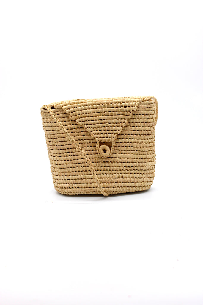 Manteca Crochet Natural Cross Body Bag handmade woven raffia palm fiber in horizontal bands with button/loop closure and braided strap purse - Shebobo