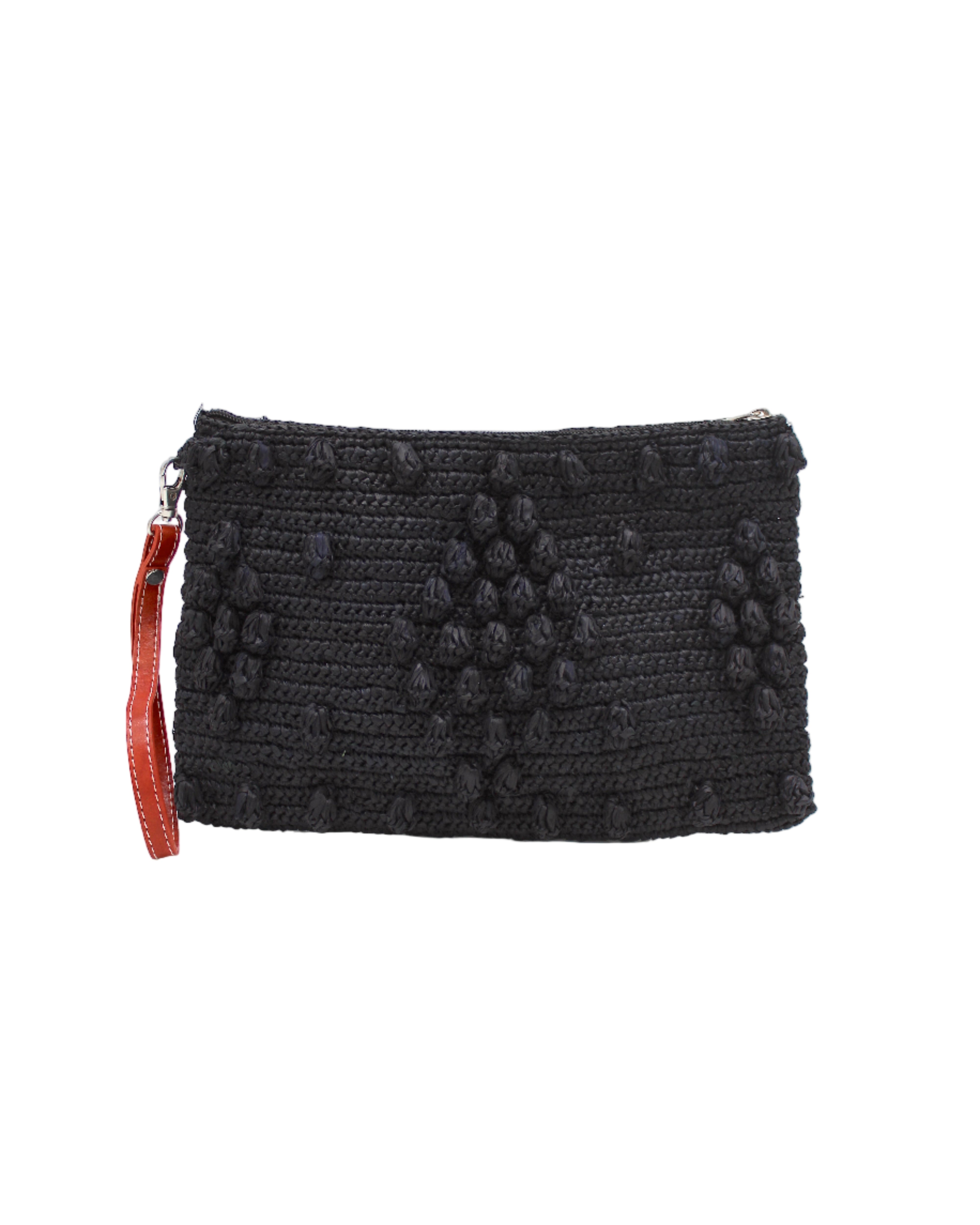 Marbella Crochet Straw Oversized Pouch Clutch Purse with Detachable Wristlet Strap handmade crochet natural raffia palm fiber in a solid hue of Black with subtle diamond boucle nub pattern protruding from horizontal bands of link texture small bag - Shebobo