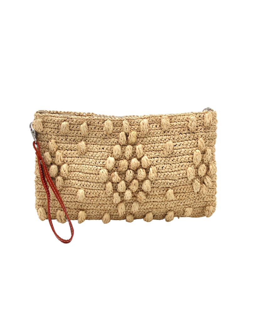 Marbella Crochet Straw Oversized Pouch Clutch Purse with Detachable Wristlet Strap handmade crochet natural raffia palm fiber in a solid hue of Natural straw color with subtle diamond boucle nub pattern protruding from horizontal bands of link texture small bag - Shebobo