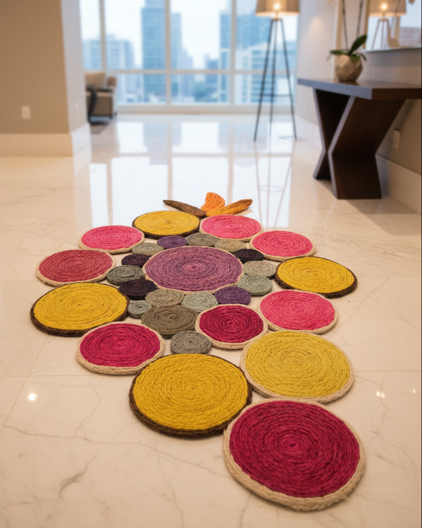 Mari Multicolor Disc Sisal Decorative Wall Art Floor Rugs handmade braided natural sisal fiber wrapped into multi sized discs of solid hues stitched together to make multicolor art - Shebobo