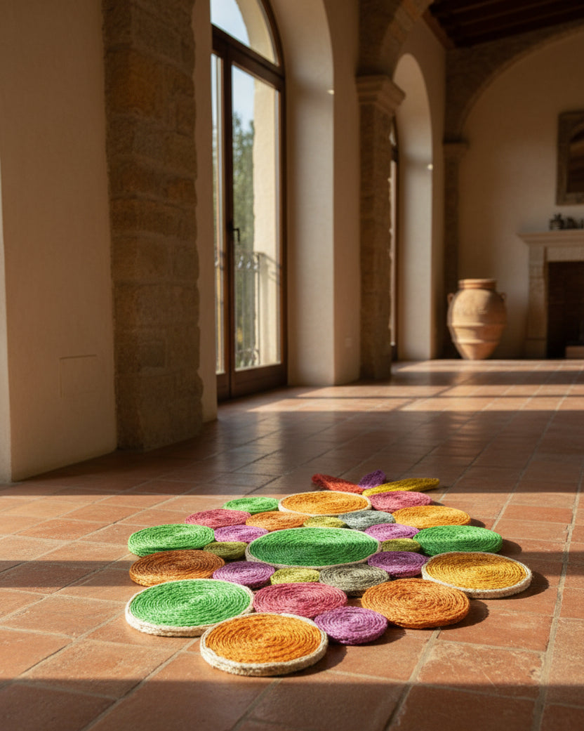 Mari Multicolor Disc Sisal Decorative Wall Art Floor Rugs handmade braided natural sisal fiber wrapped into multi sized discs of solid hues stitched together to make multicolor art - Shebobo