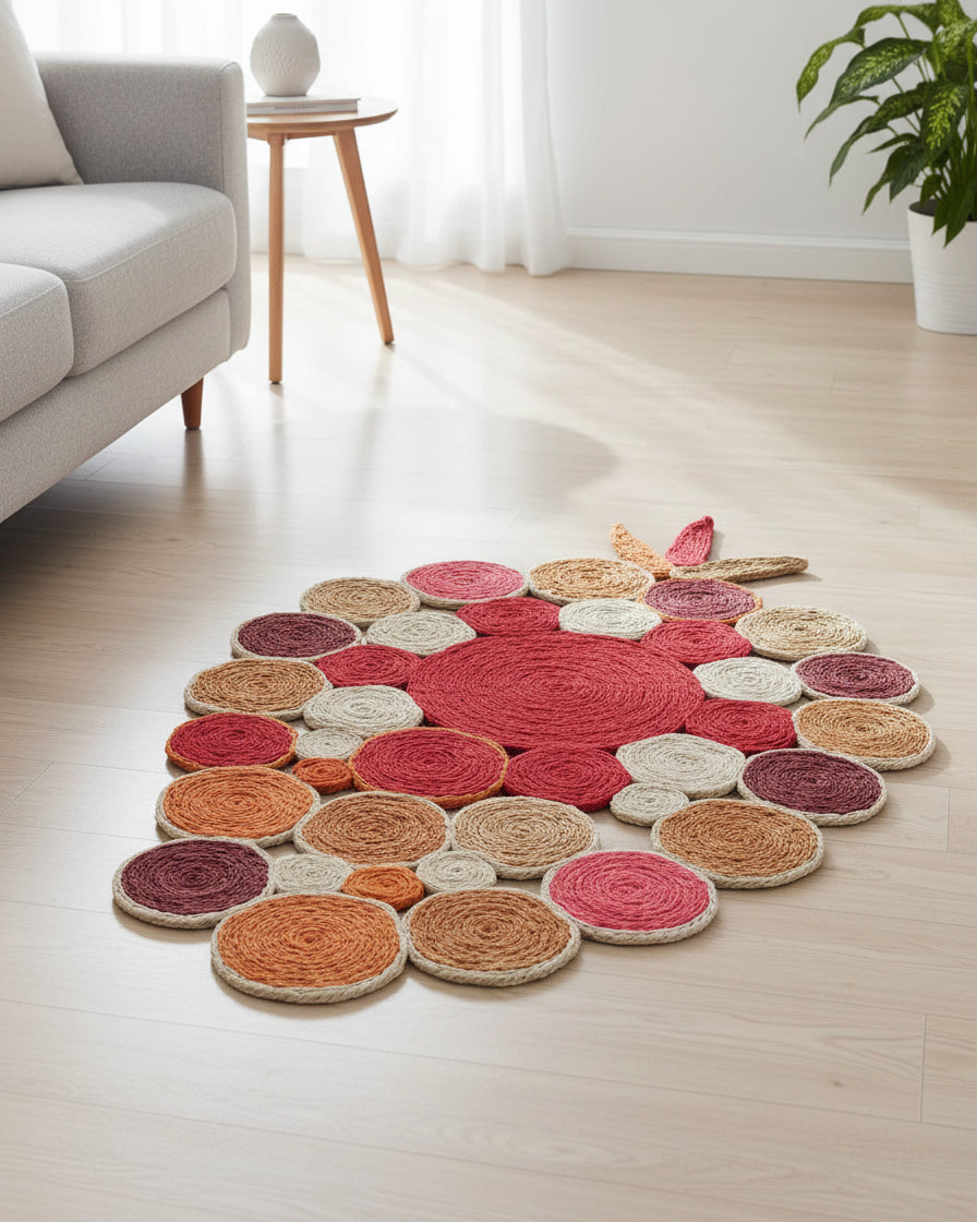 Mari Multicolor Disc Sisal Decorative Wall Art Floor Rugs handmade braided natural sisal fiber wrapped into multi sized discs of solid hues stitched together to make multicolor art - Shebobo