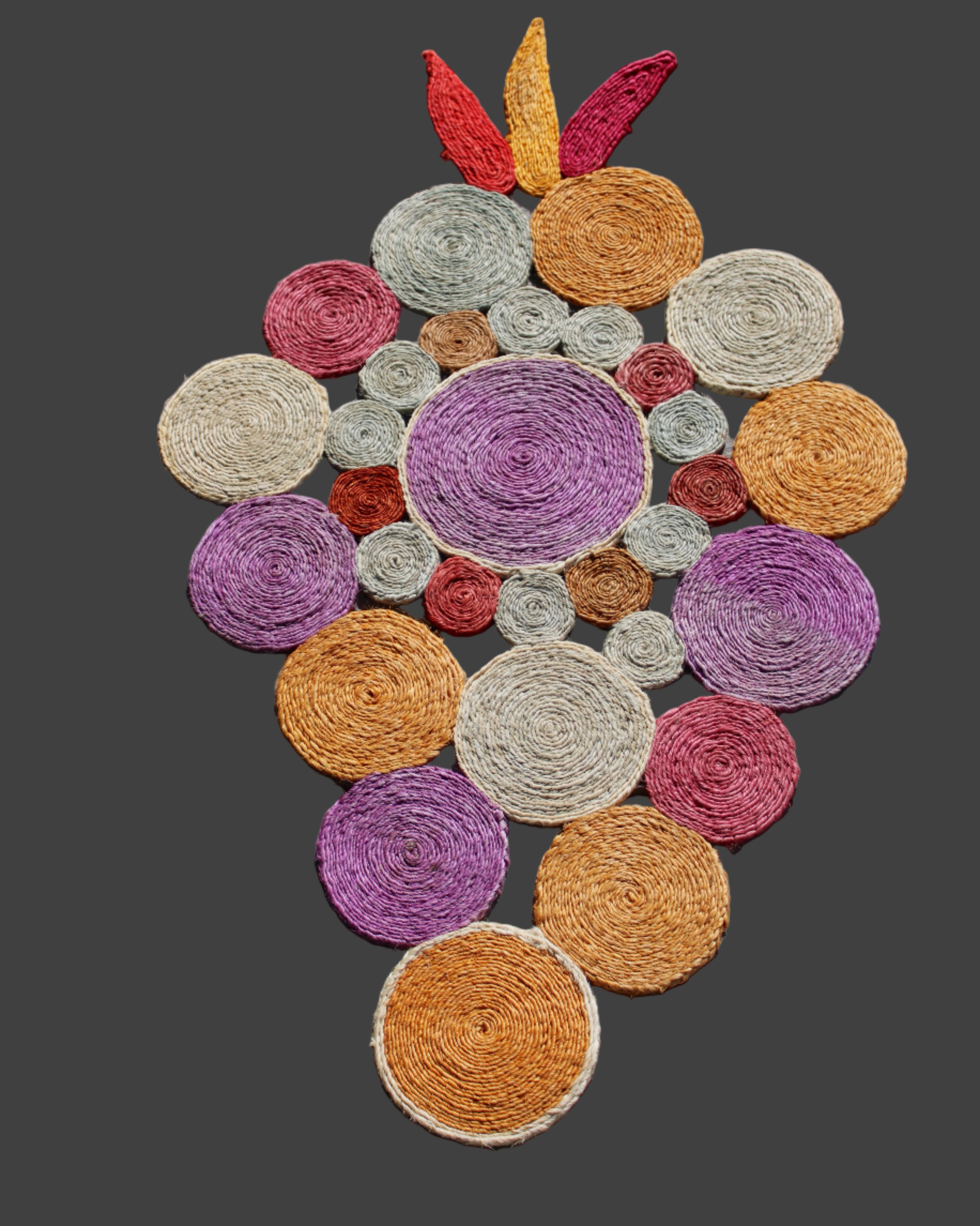 Mari Multicolor Disc Sisal Decorative Wall Art Floor Rugs handmade braided natural sisal fiber wrapped into multi sized discs of solid hues stitched together to make multicolor art - Shebobo