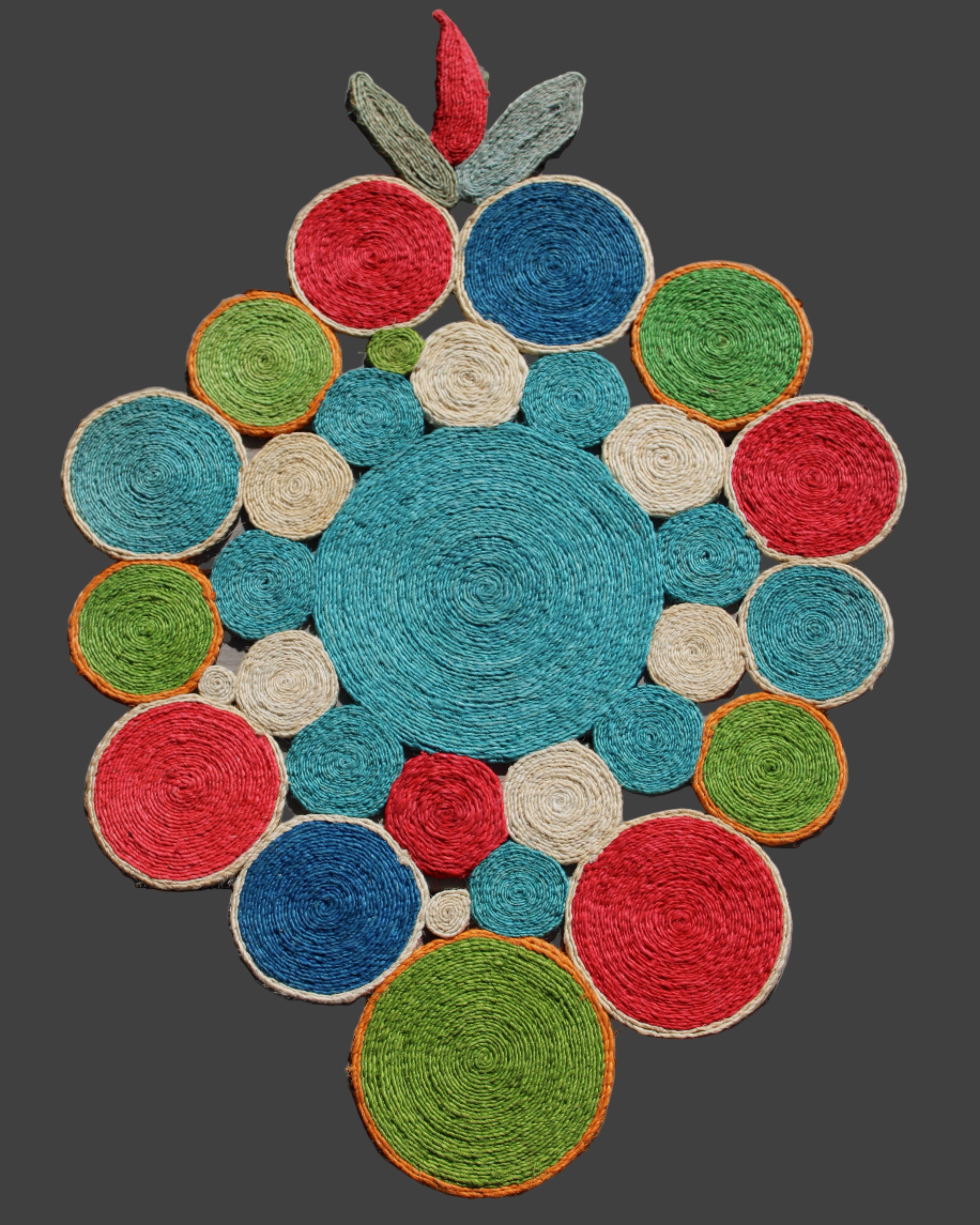 Mari Multicolor Disc Sisal Decorative Wall Art Floor Rugs handmade braided natural sisal fiber wrapped into multi sized discs of solid hues stitched together to make multicolor art - Shebobo