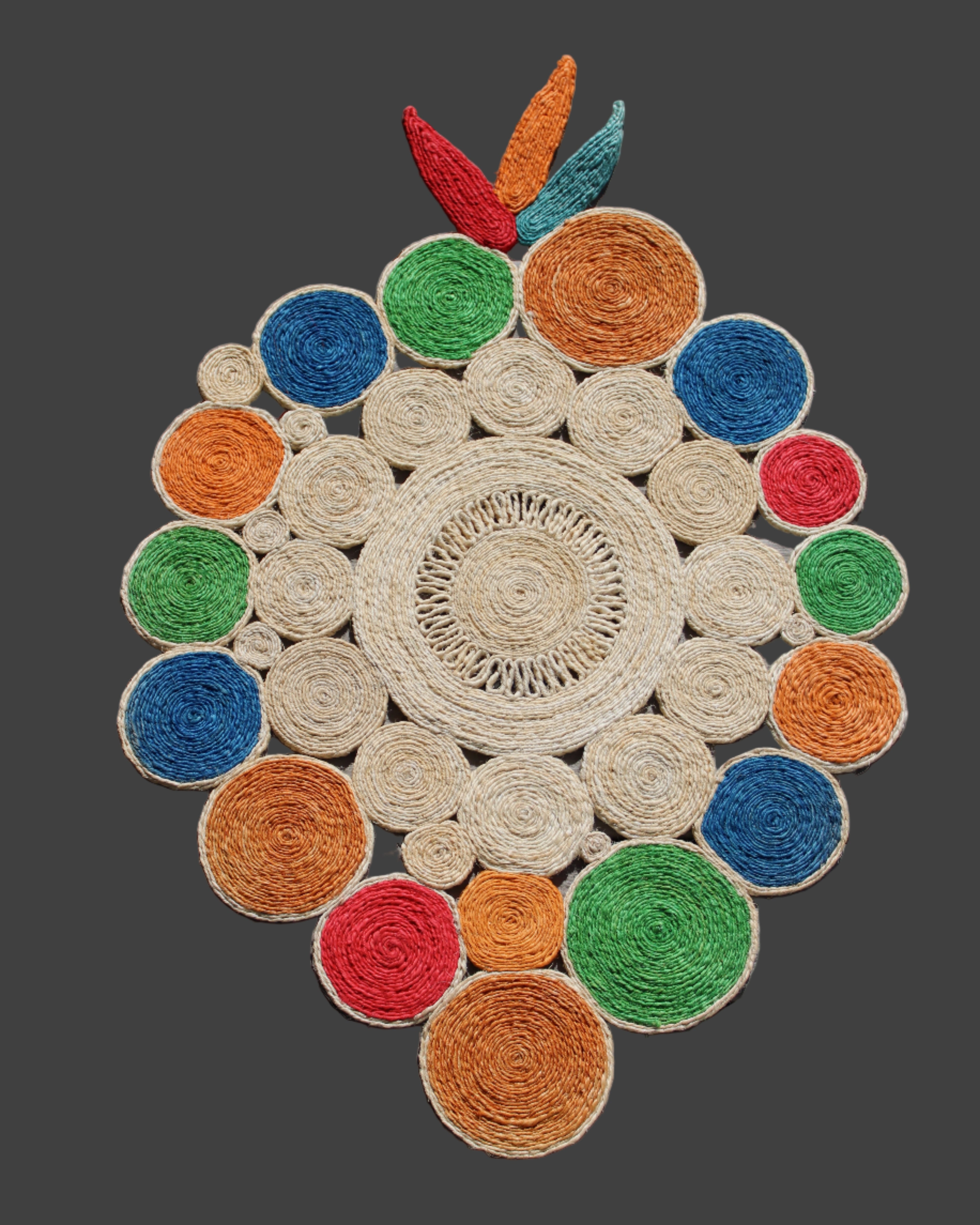 Mari Multicolor Disc Sisal Decorative Wall Art Floor Rugs handmade braided natural sisal fiber wrapped into multi sized discs of solid hues stitched together to make multicolor art - Shebobo