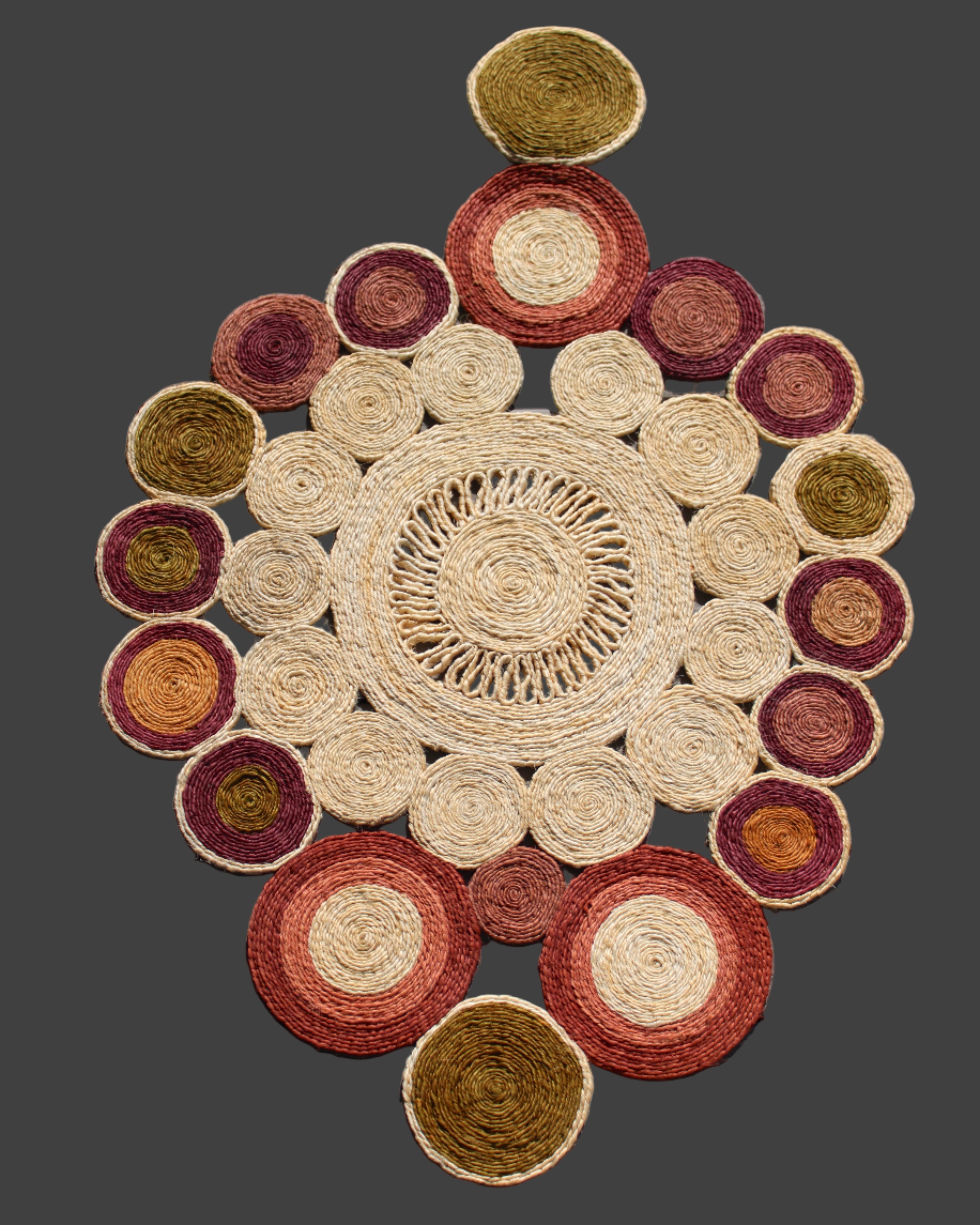 Mari Multicolor Disc Sisal Decorative Wall Art Floor Rugs handmade braided natural sisal fiber wrapped into multi sized discs of solid hues stitched together to make multicolor art - Shebobo