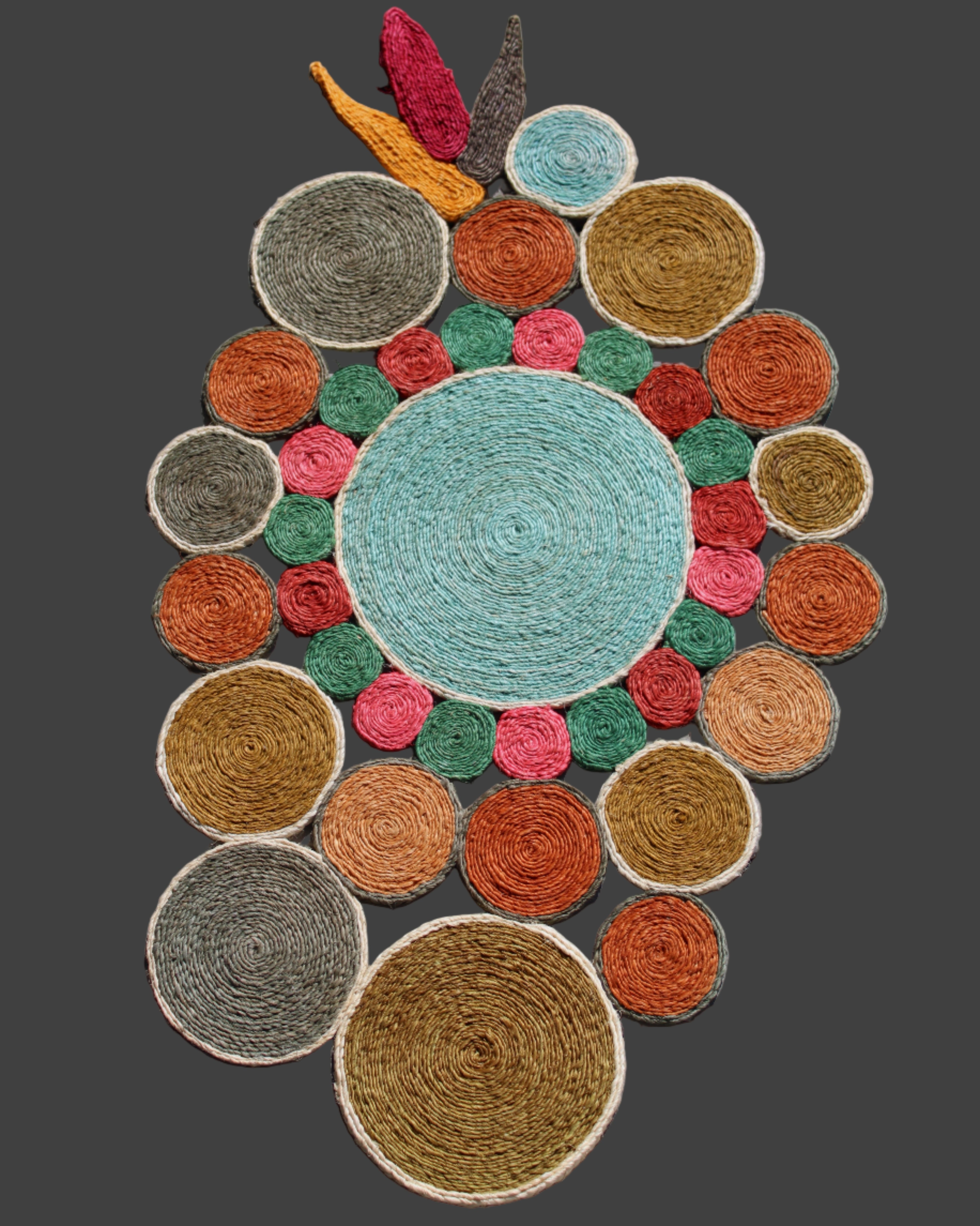 Mari Multicolor Disc Sisal Decorative Wall Art Floor Rugs handmade braided natural sisal fiber wrapped into multi sized discs of solid hues stitched together to make multicolor art - Shebobo