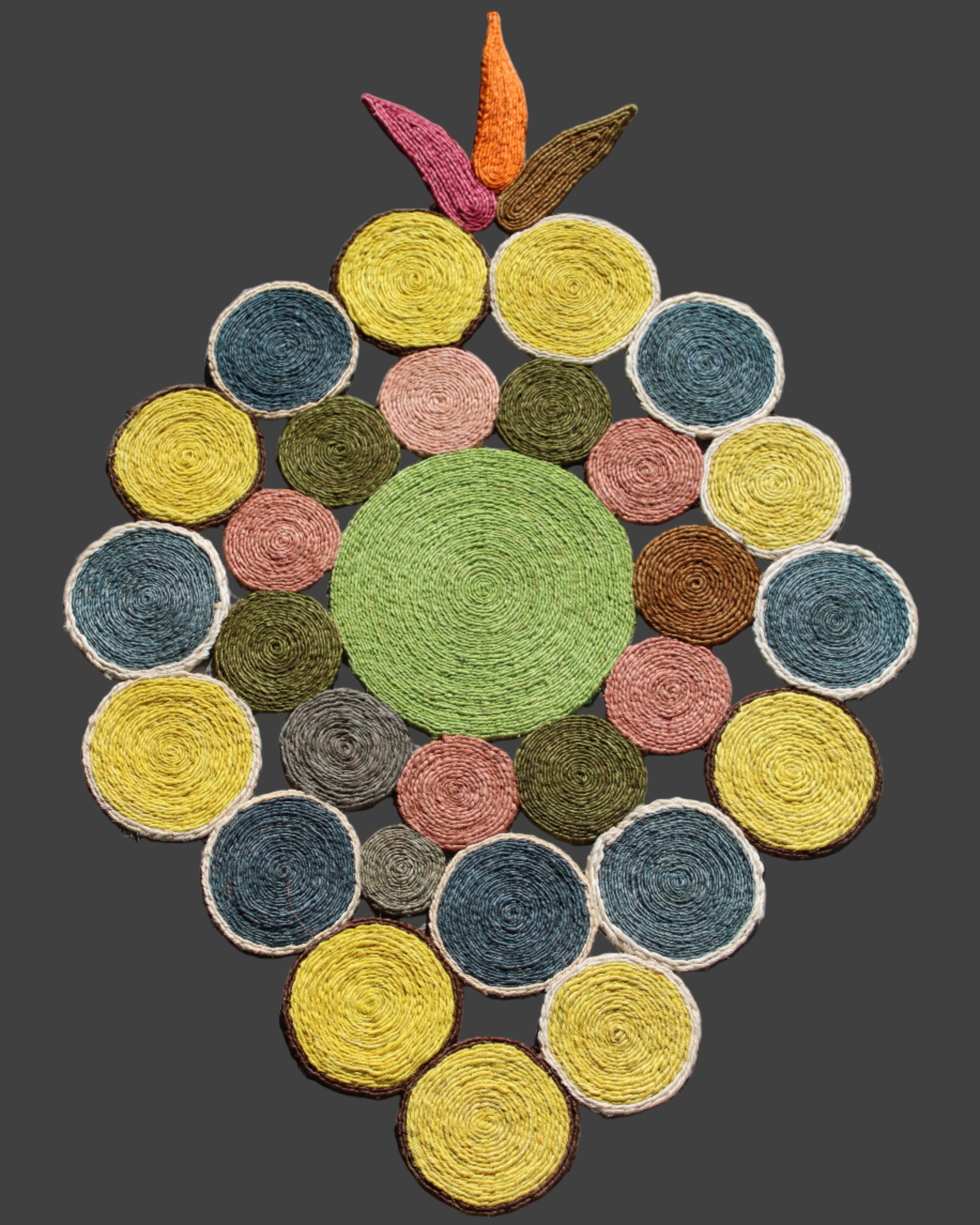 Mari Multicolor Disc Sisal Decorative Wall Art Floor Rugs handmade braided natural sisal fiber wrapped into multi sized discs of solid hues stitched together to make multicolor art - Shebobo