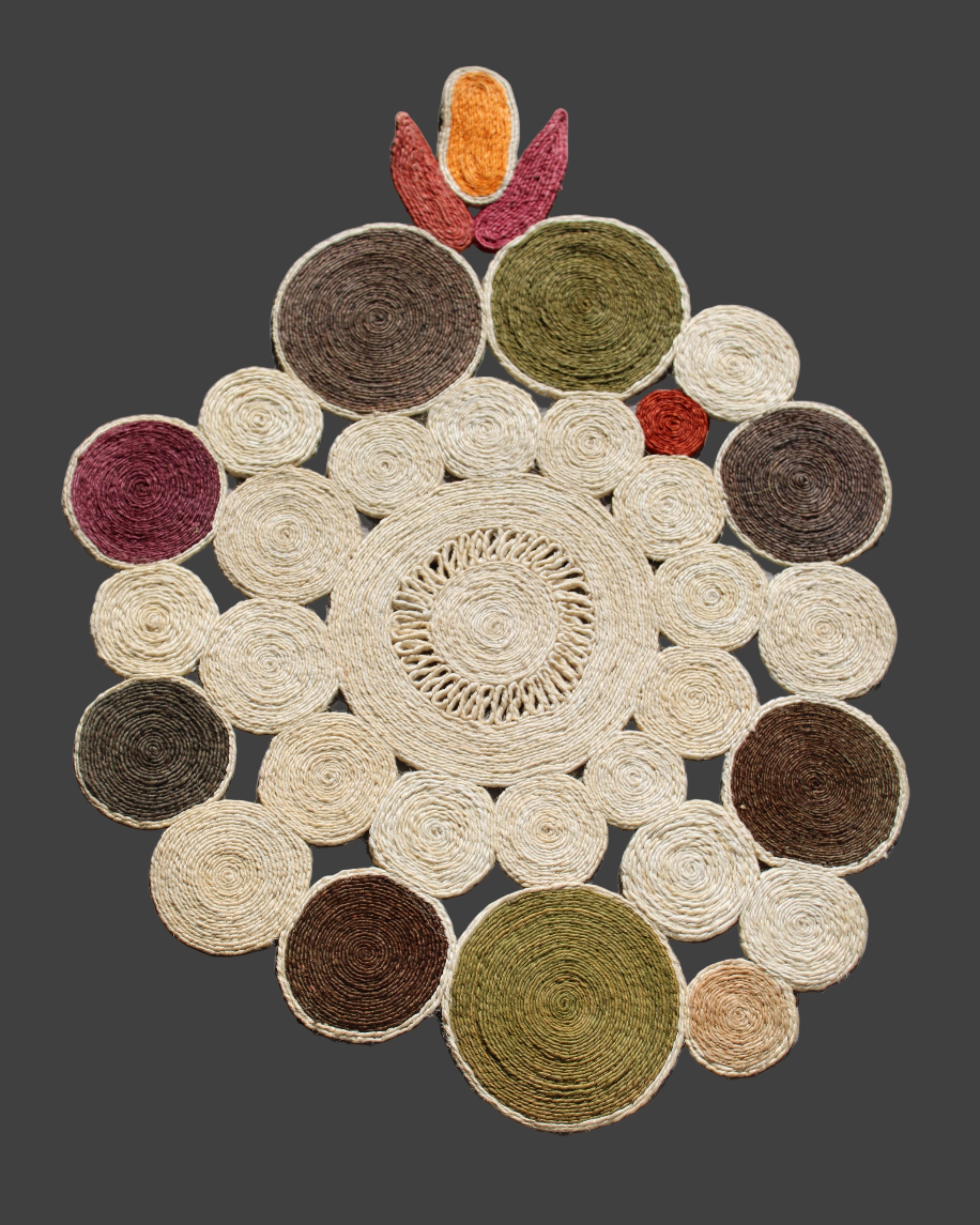 Mari Multicolor Disc Sisal Decorative Wall Art Floor Rugs handmade braided natural sisal fiber wrapped into multi sized discs of solid hues stitched together to make multicolor art - Shebobo