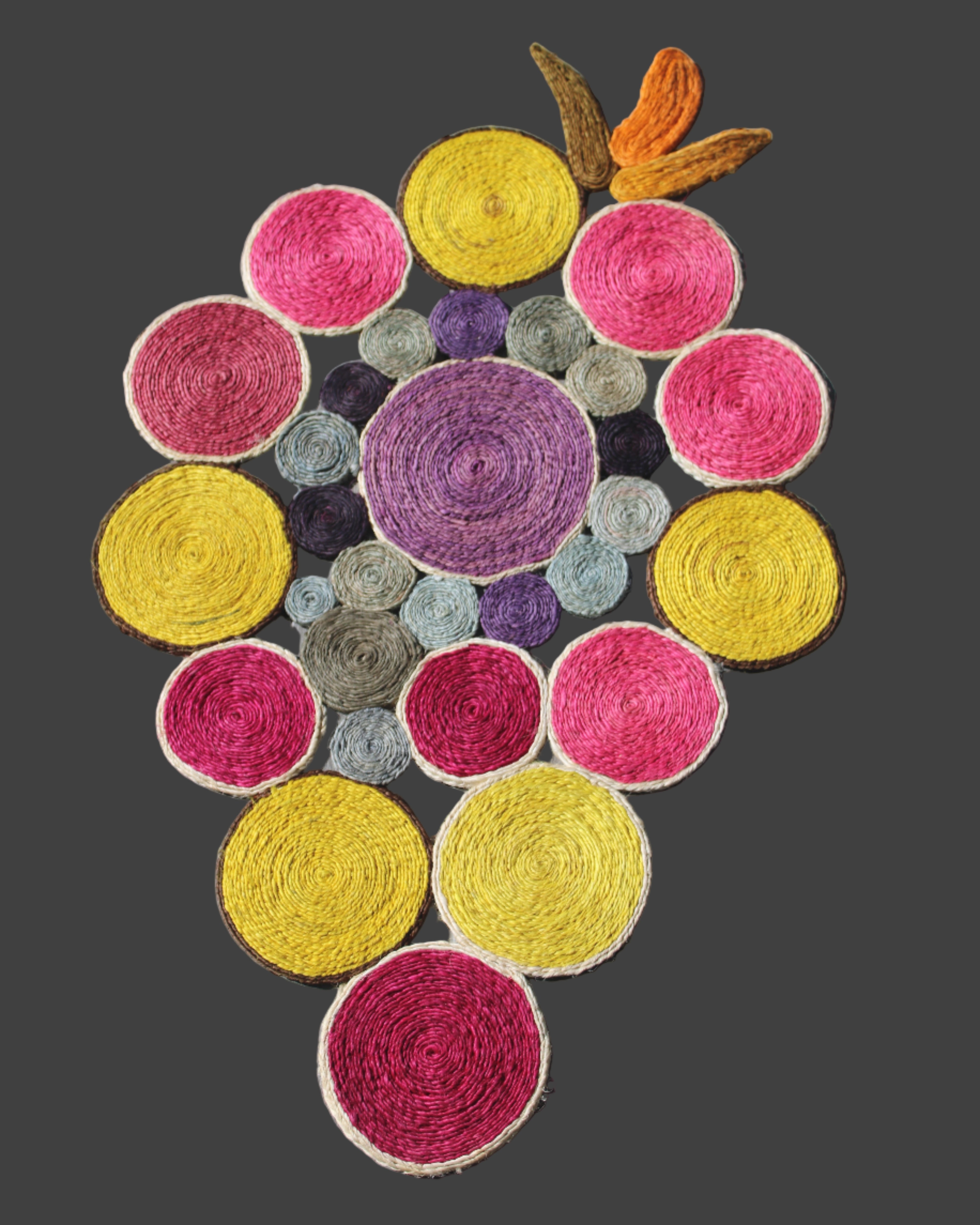 Mari Multicolor Disc Sisal Decorative Wall Art Floor Rugs handmade braided natural sisal fiber wrapped into multi sized discs of solid hues stitched together to make multicolor art - Shebobo