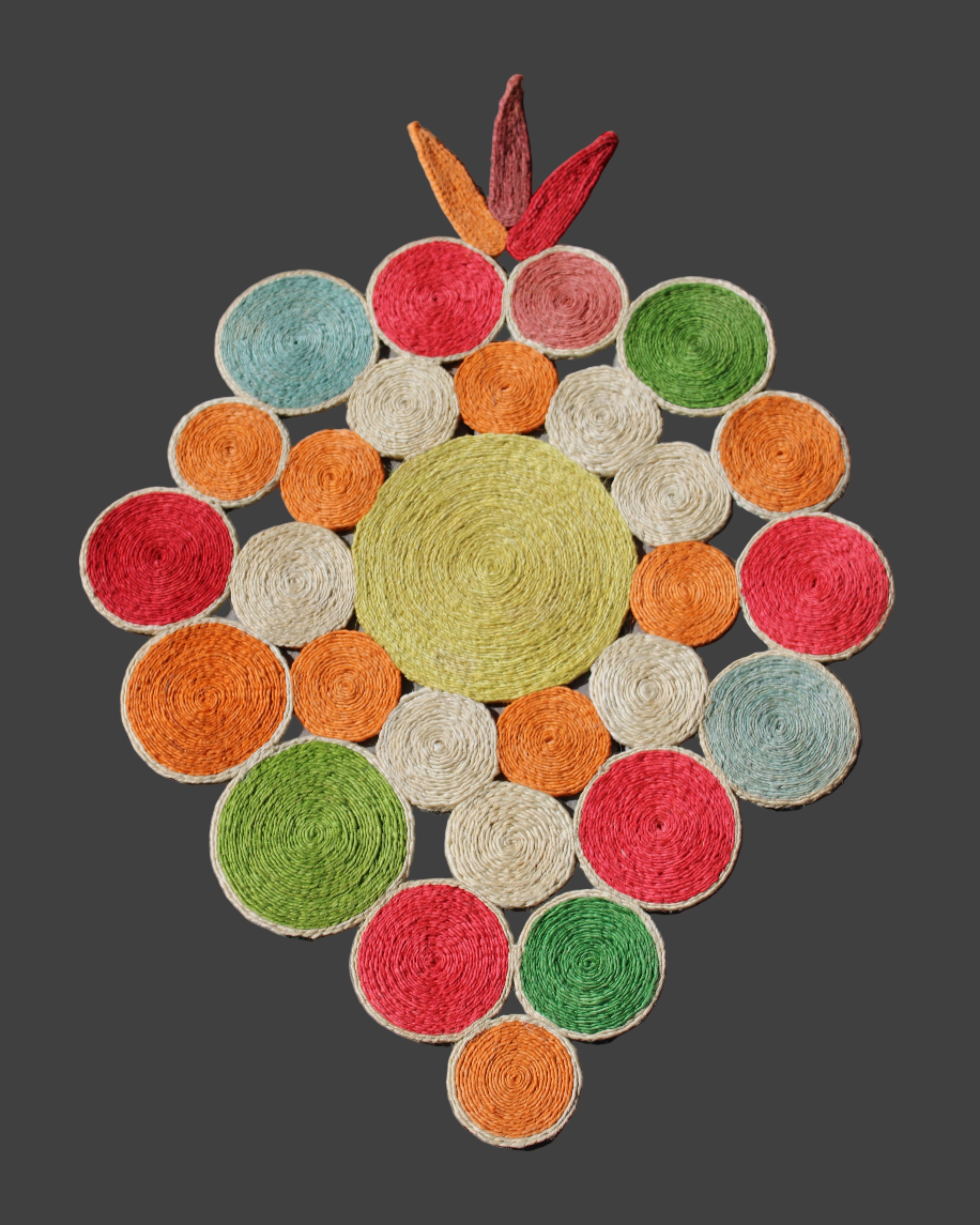 Mari Multicolor Disc Sisal Decorative Wall Art Floor Rugs handmade braided natural sisal fiber wrapped into multi sized discs of solid hues stitched together to make multicolor art - Shebobo