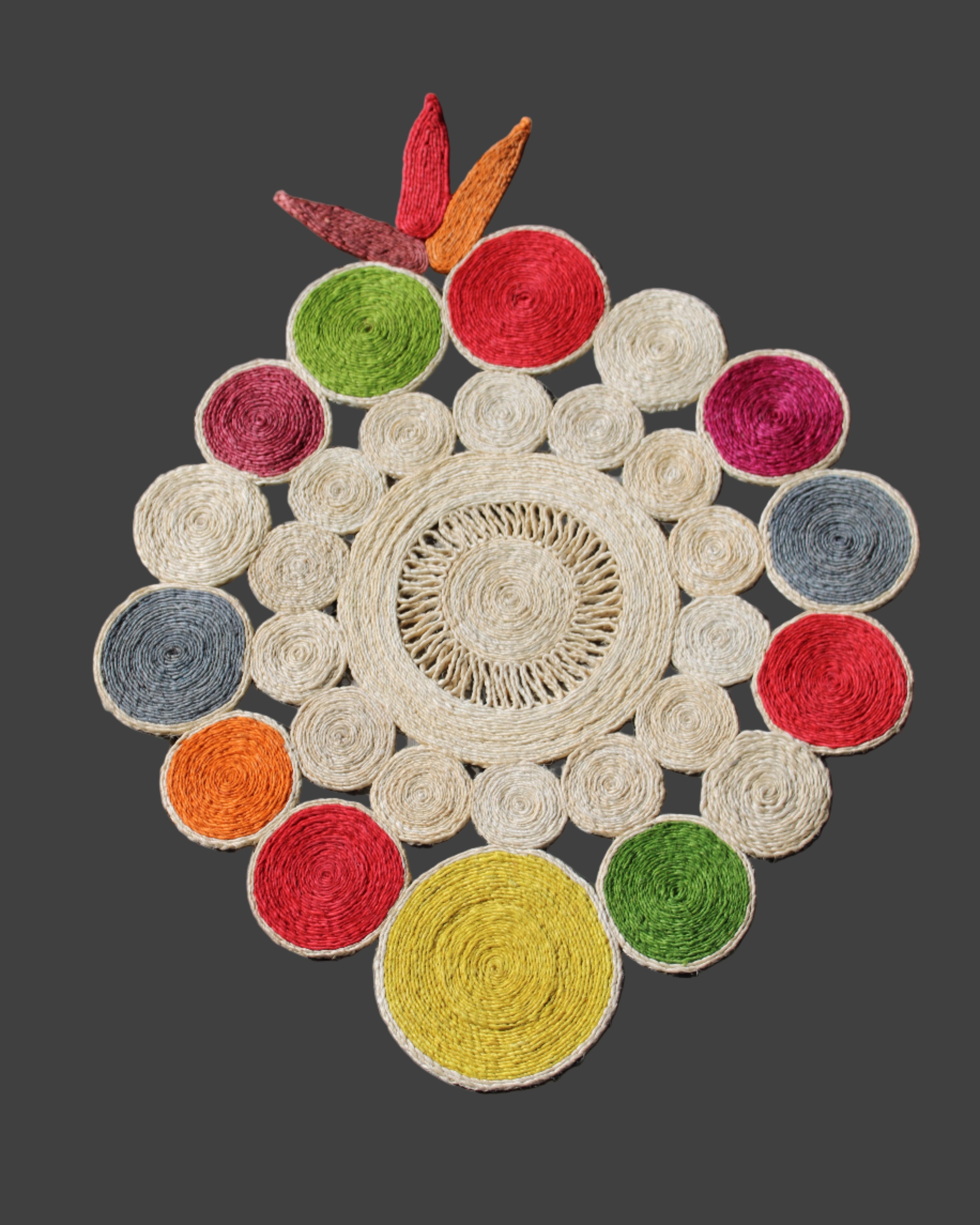 Mari Multicolor Disc Sisal Decorative Wall Art Floor Rugs handmade braided natural sisal fiber wrapped into multi sized discs of solid hues stitched together to make multicolor art - Shebobo