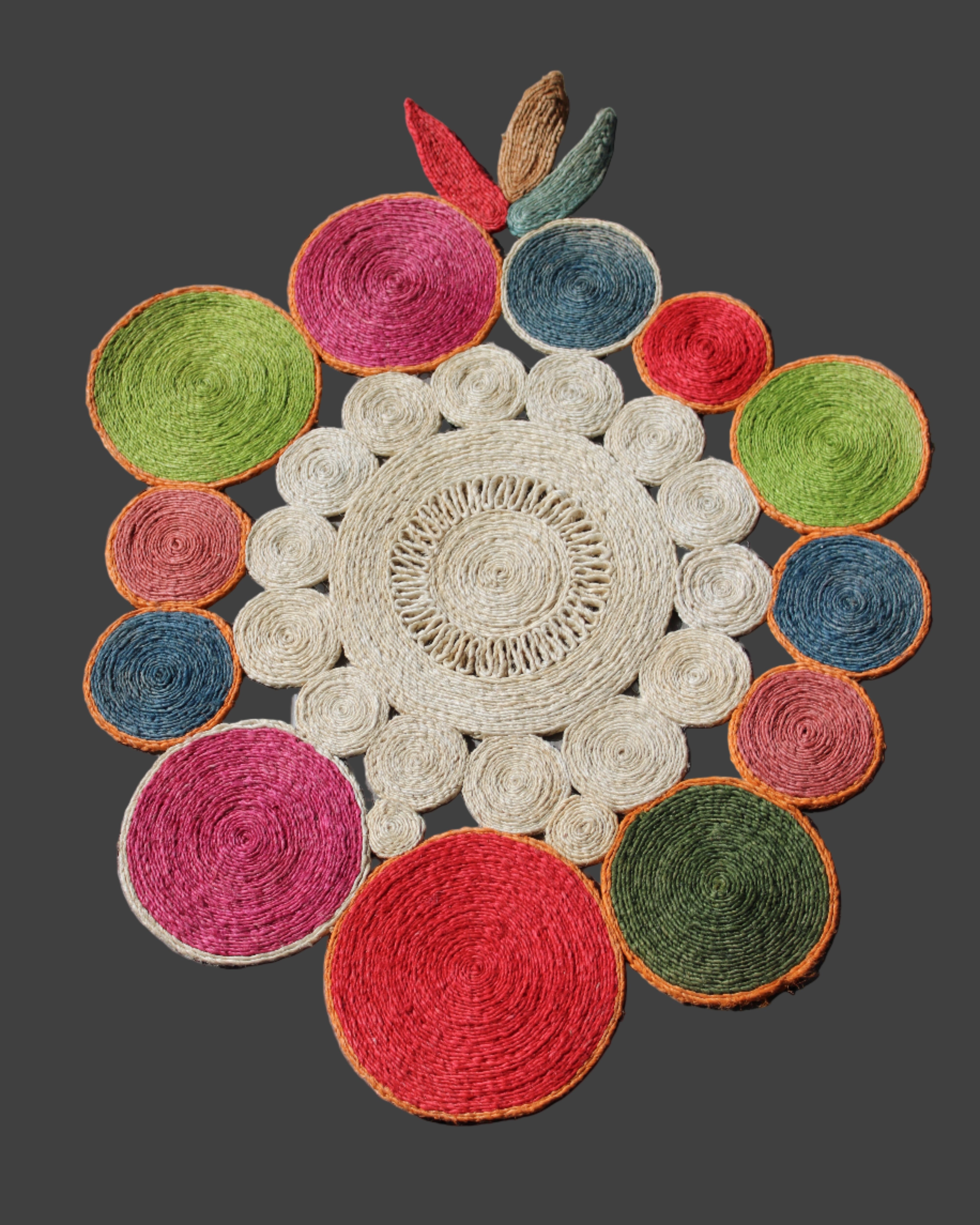 Mari Multicolor Disc Sisal Decorative Wall Art Floor Rugs handmade braided natural sisal fiber wrapped into multi sized discs of solid hues stitched together to make multicolor art - Shebobo