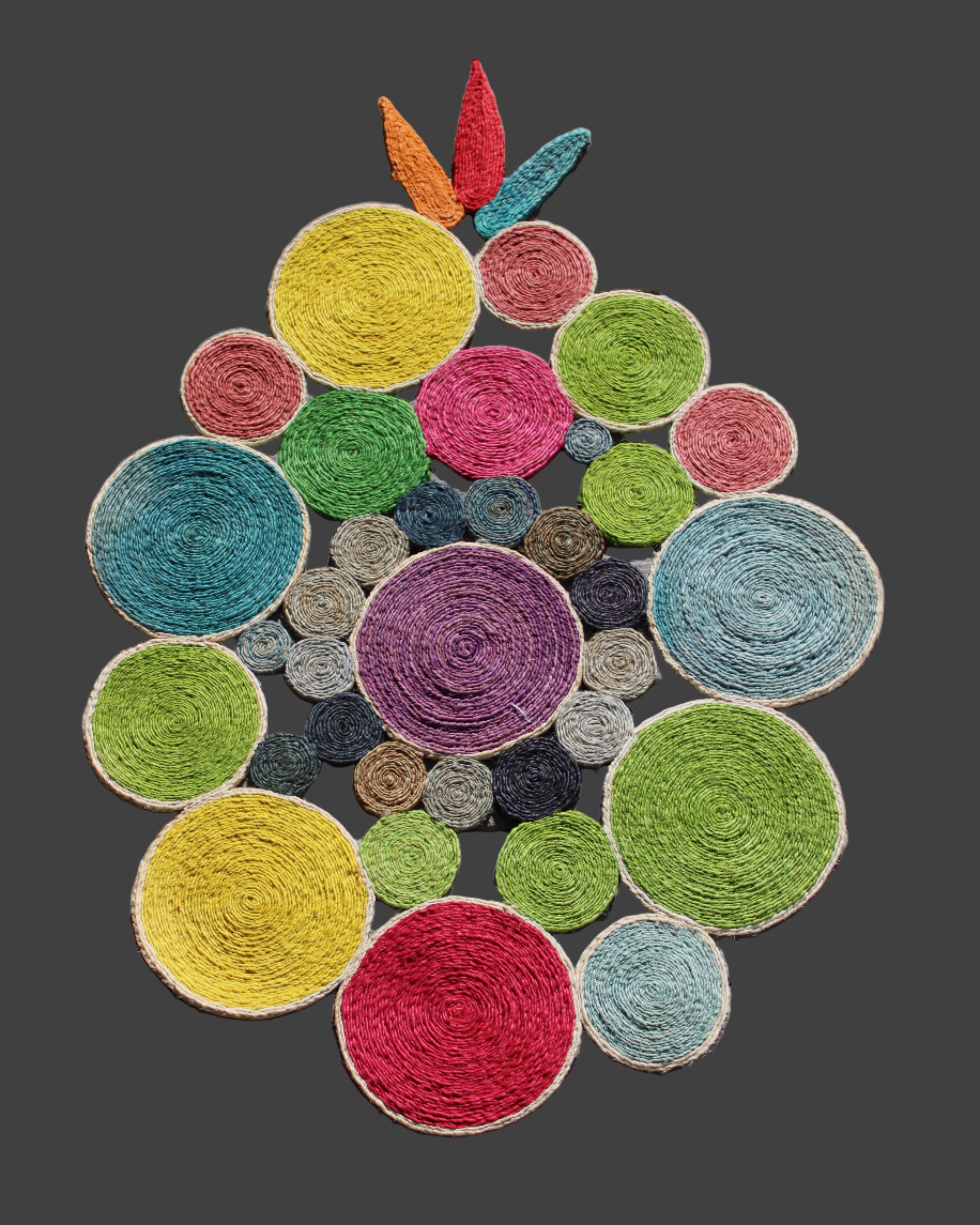 Mari Multicolor Disc Sisal Decorative Wall Art Floor Rugs handmade braided natural sisal fiber wrapped into multi sized discs of solid hues stitched together to make multicolor art - Shebobo