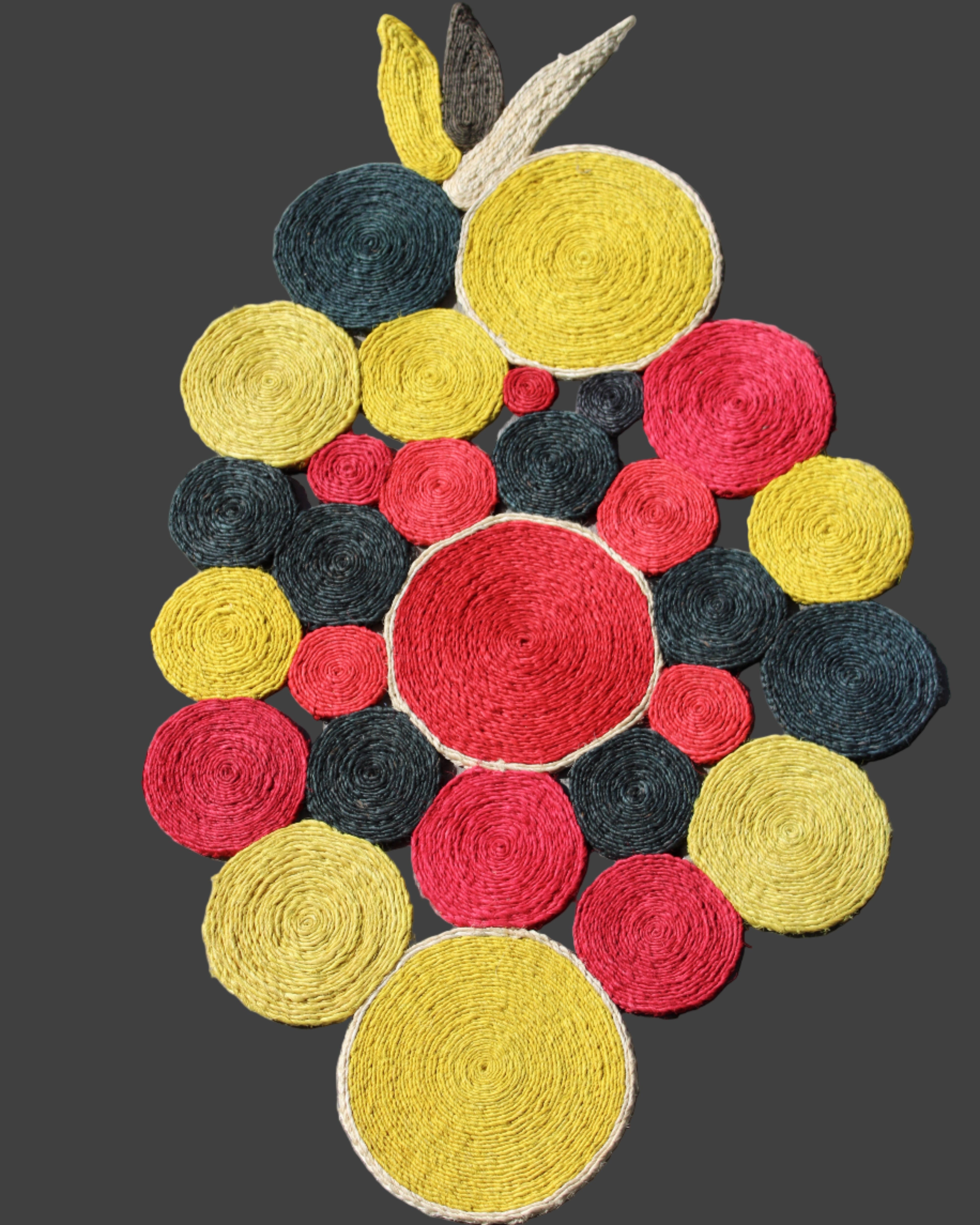 Mari Multicolor Disc Sisal Decorative Wall Art Floor Rugs handmade braided natural sisal fiber wrapped into multi sized discs of solid hues stitched together to make multicolor art - Shebobo