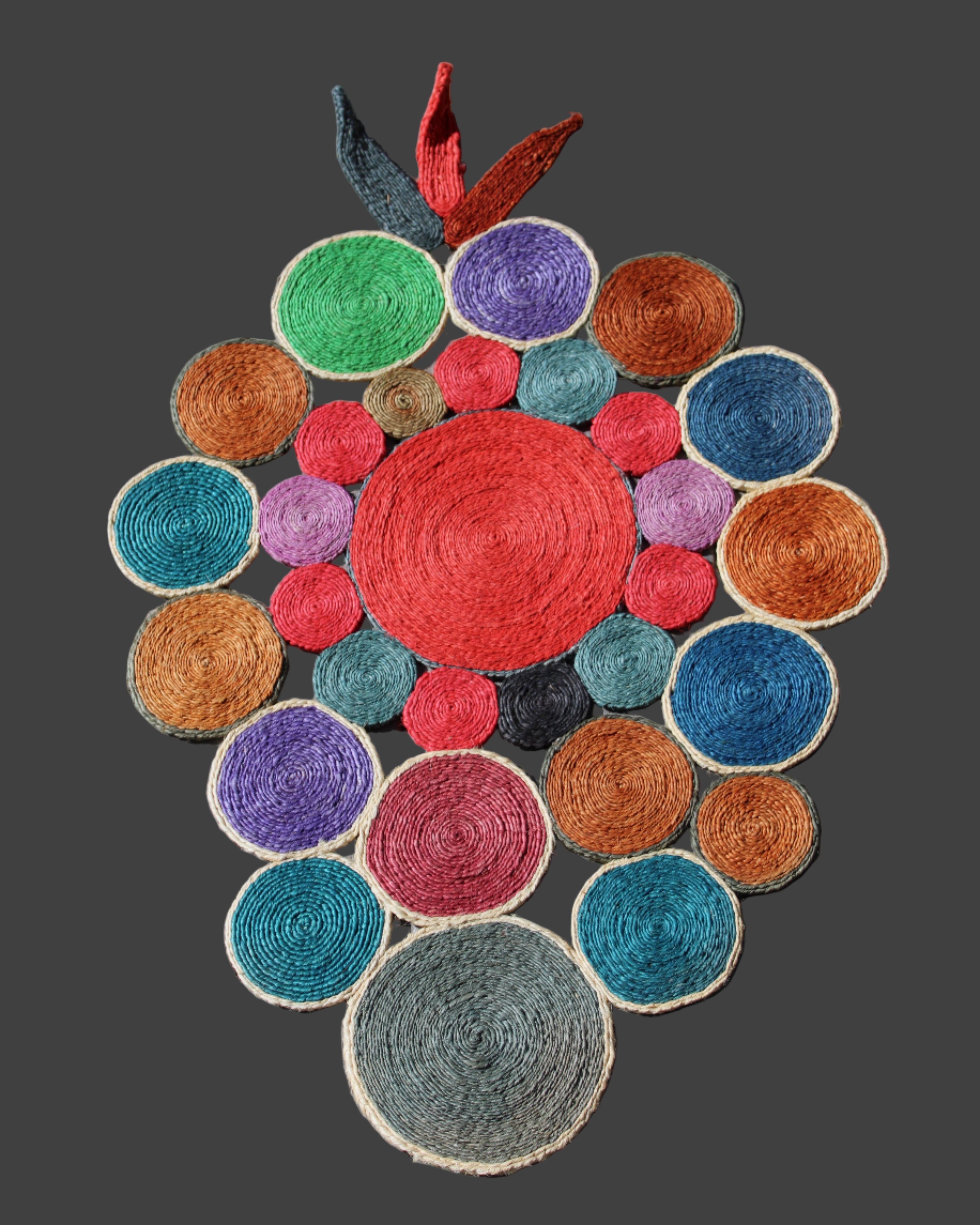 Mari Multicolor Disc Sisal Decorative Wall Art Floor Rugs handmade braided natural sisal fiber wrapped into multi sized discs of solid hues stitched together to make multicolor art - Shebobo