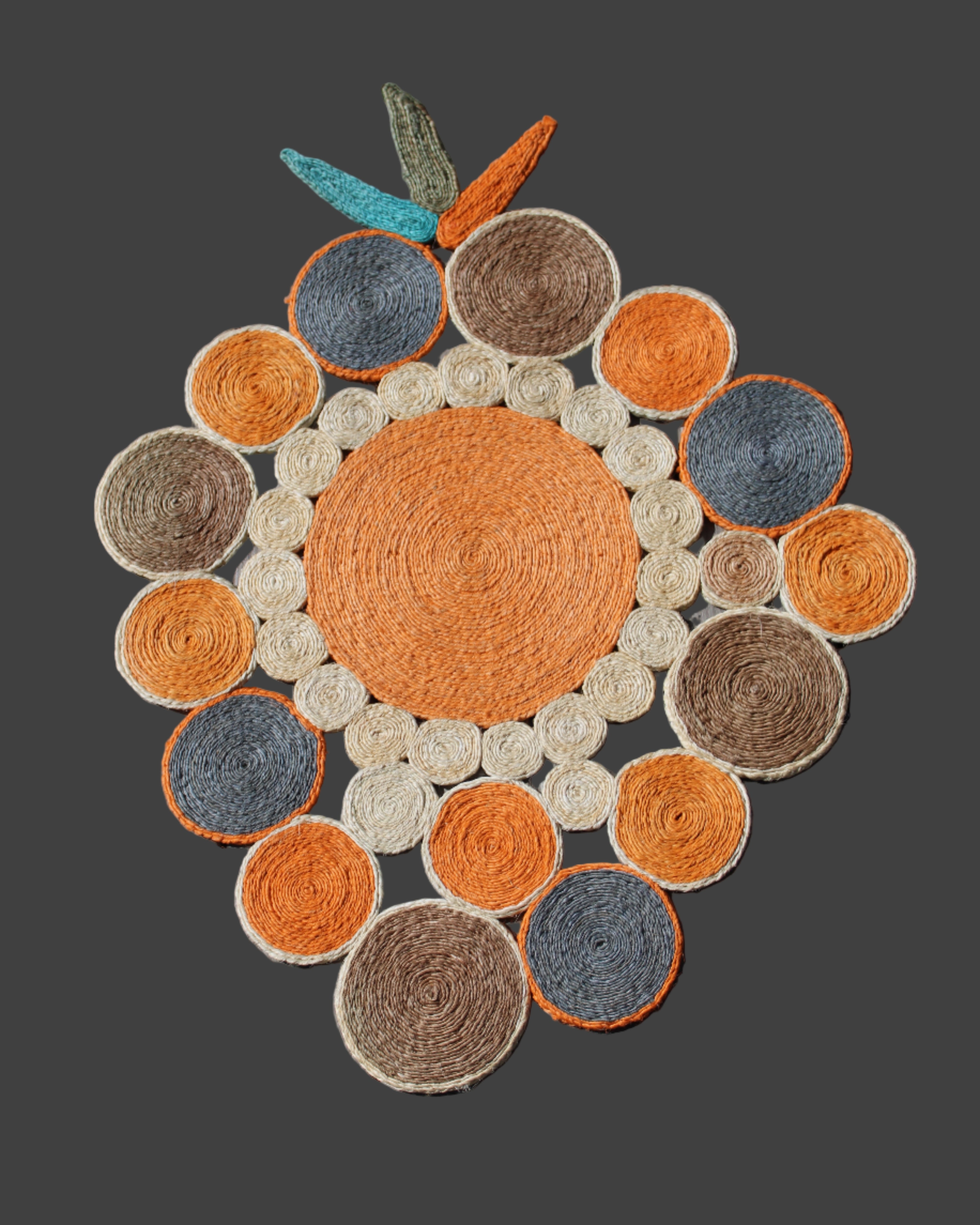 Mari Multicolor Disc Sisal Decorative Wall Art Floor Rugs handmade braided natural sisal fiber wrapped into multi sized discs of solid hues stitched together to make multicolor art - Shebobo