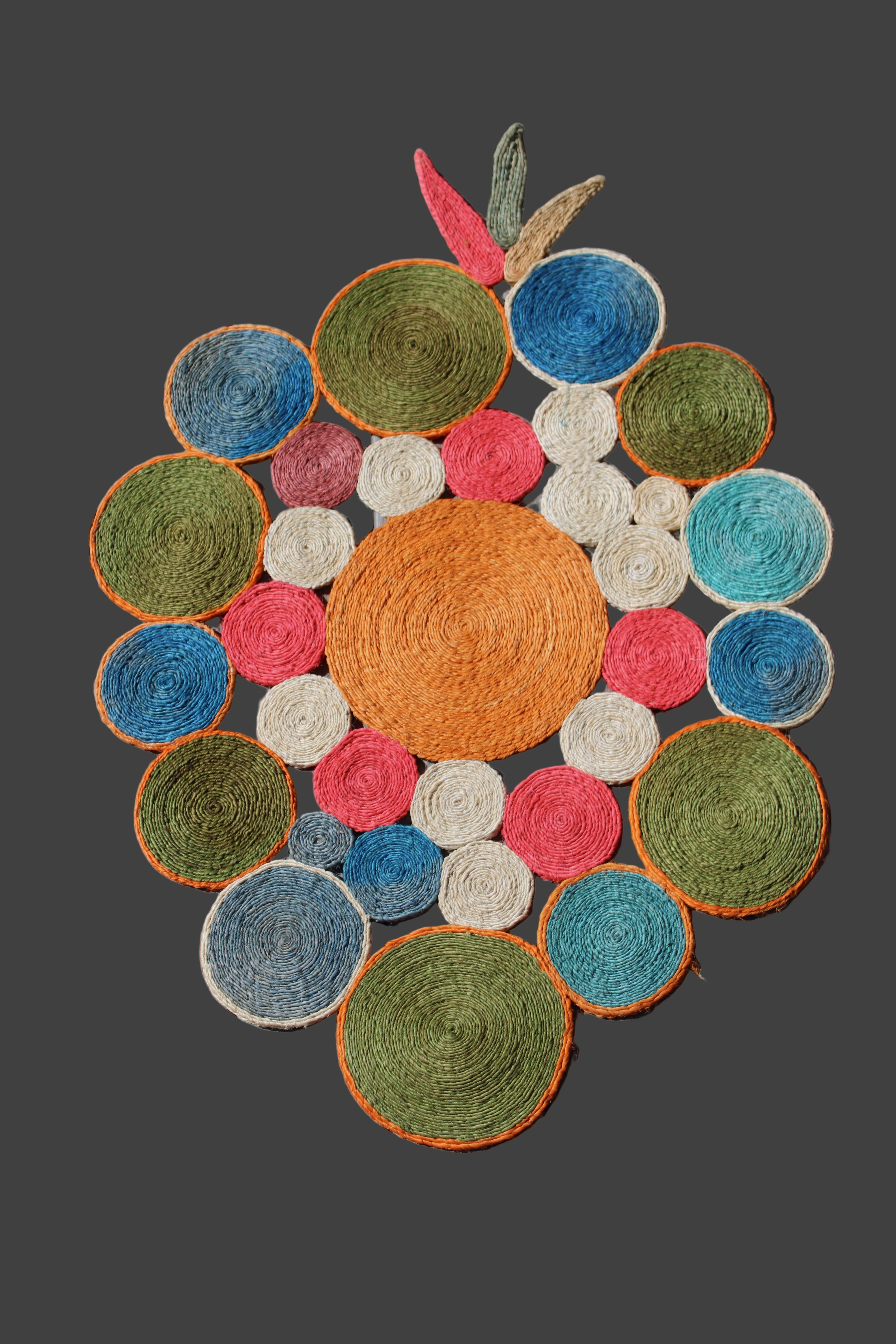 Mari Multicolor Disc Sisal Decorative Wall Art Floor Rugs handmade braided natural sisal fiber wrapped into multi sized discs of solid hues stitched together to make multicolor art - Shebobo