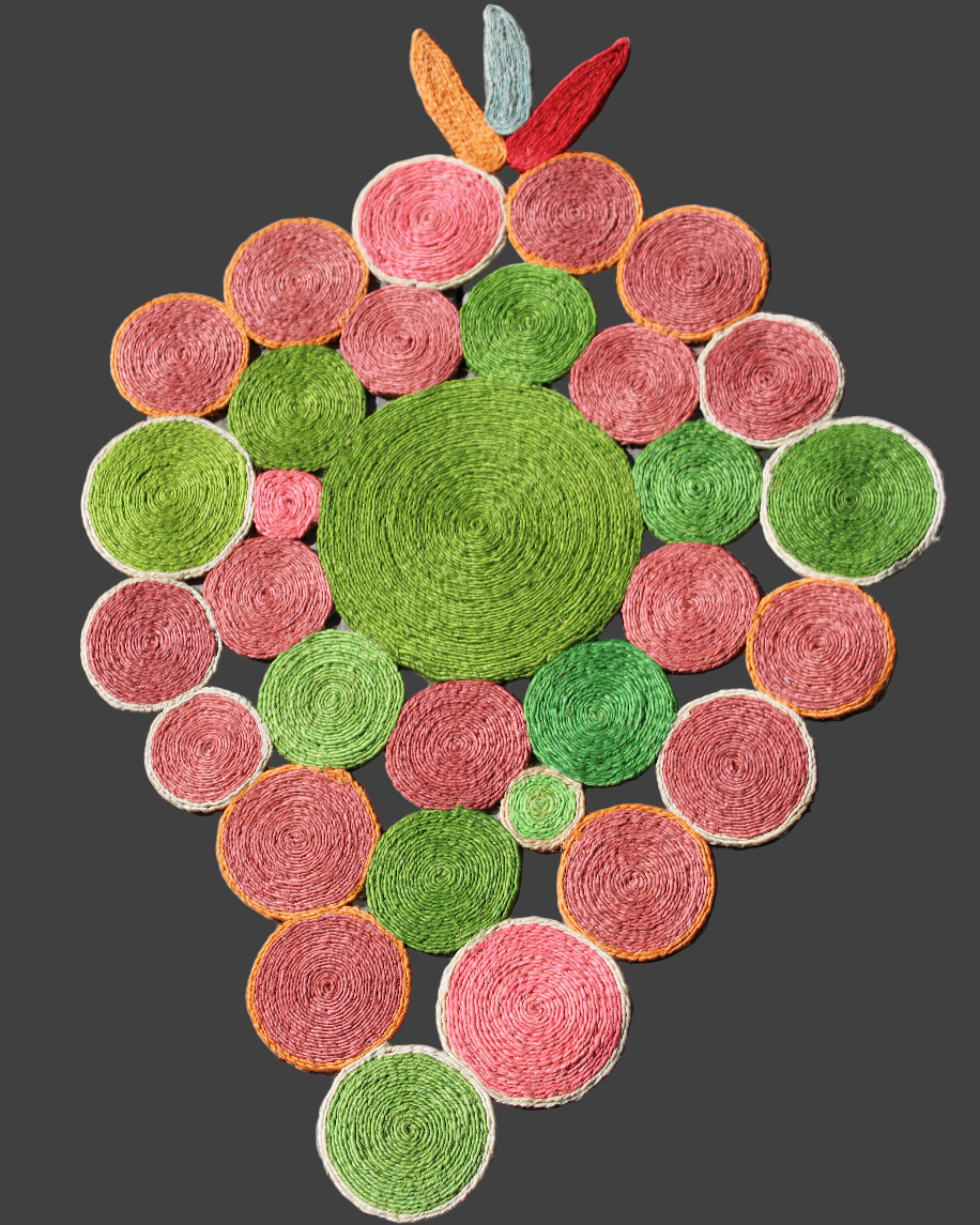 Mari Multicolor Disc Sisal Decorative Wall Art Floor Rugs handmade braided natural sisal fiber wrapped into multi sized discs of solid hues stitched together to make multicolor art - Shebobo