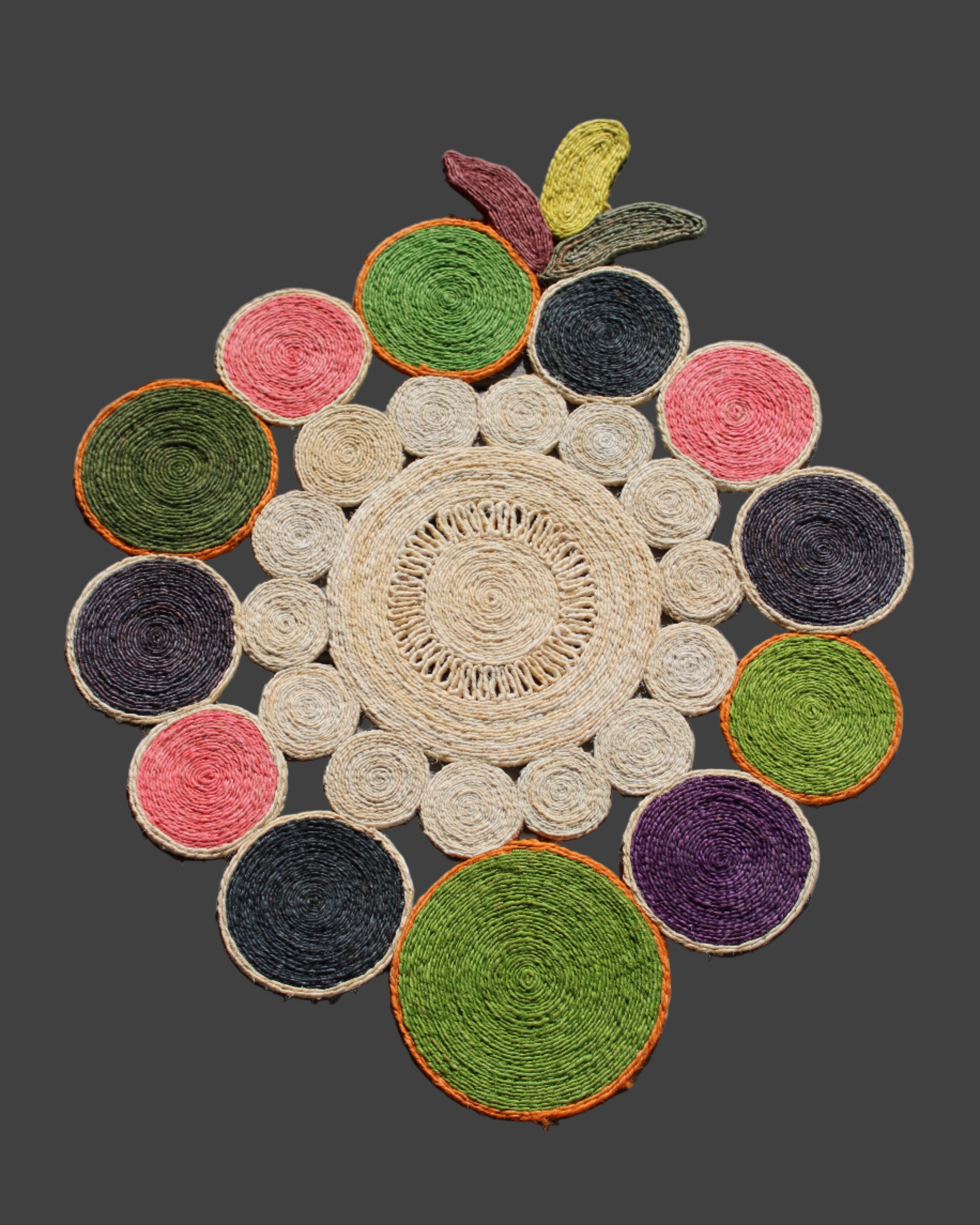 Mari Multicolor Disc Sisal Decorative Wall Art Floor Rugs handmade braided natural sisal fiber wrapped into multi sized discs of solid hues stitched together to make multicolor art - Shebobo