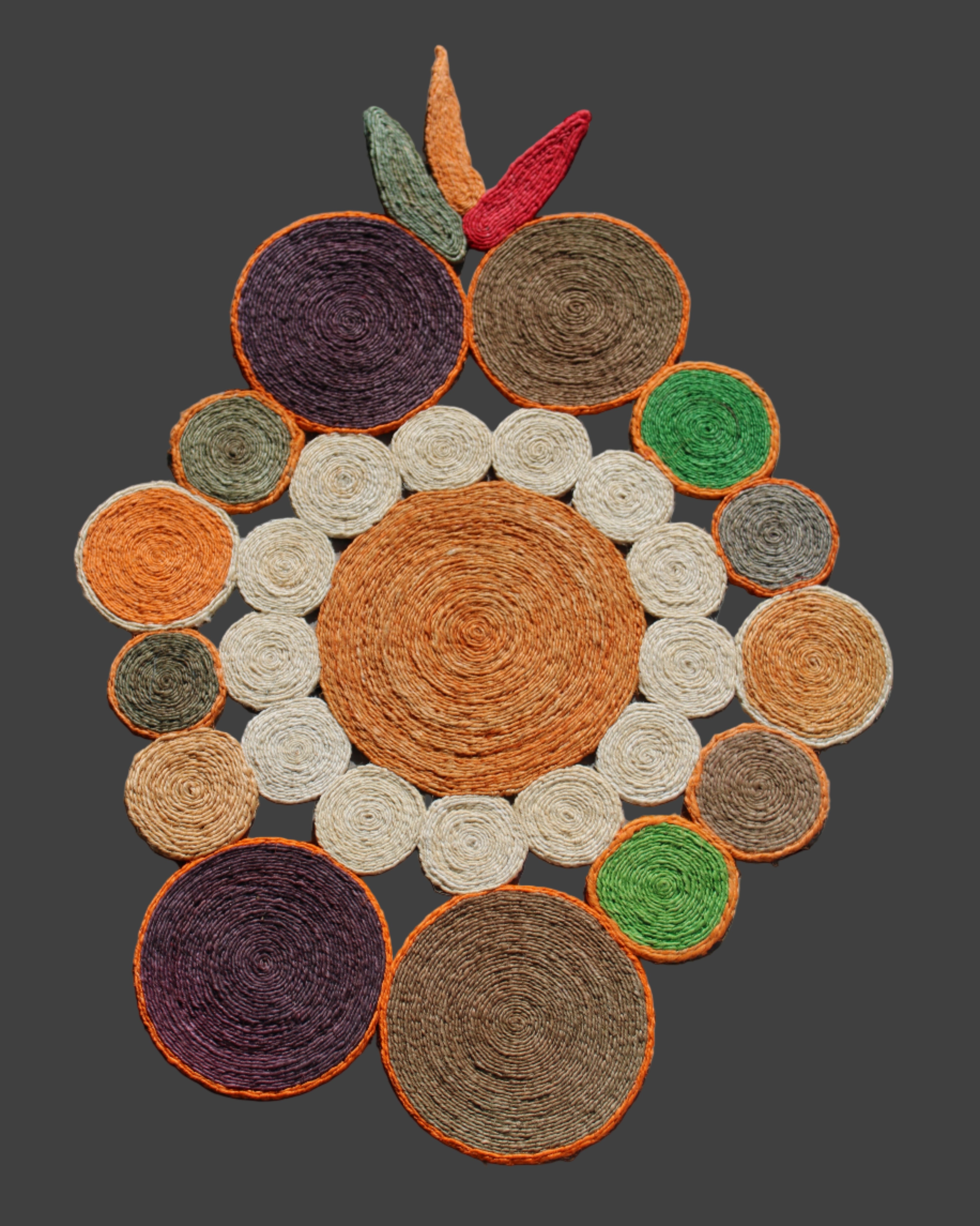 Mari Multicolor Disc Sisal Decorative Wall Art Floor Rugs handmade braided natural sisal fiber wrapped into multi sized discs of solid hues stitched together to make multicolor art - Shebobo