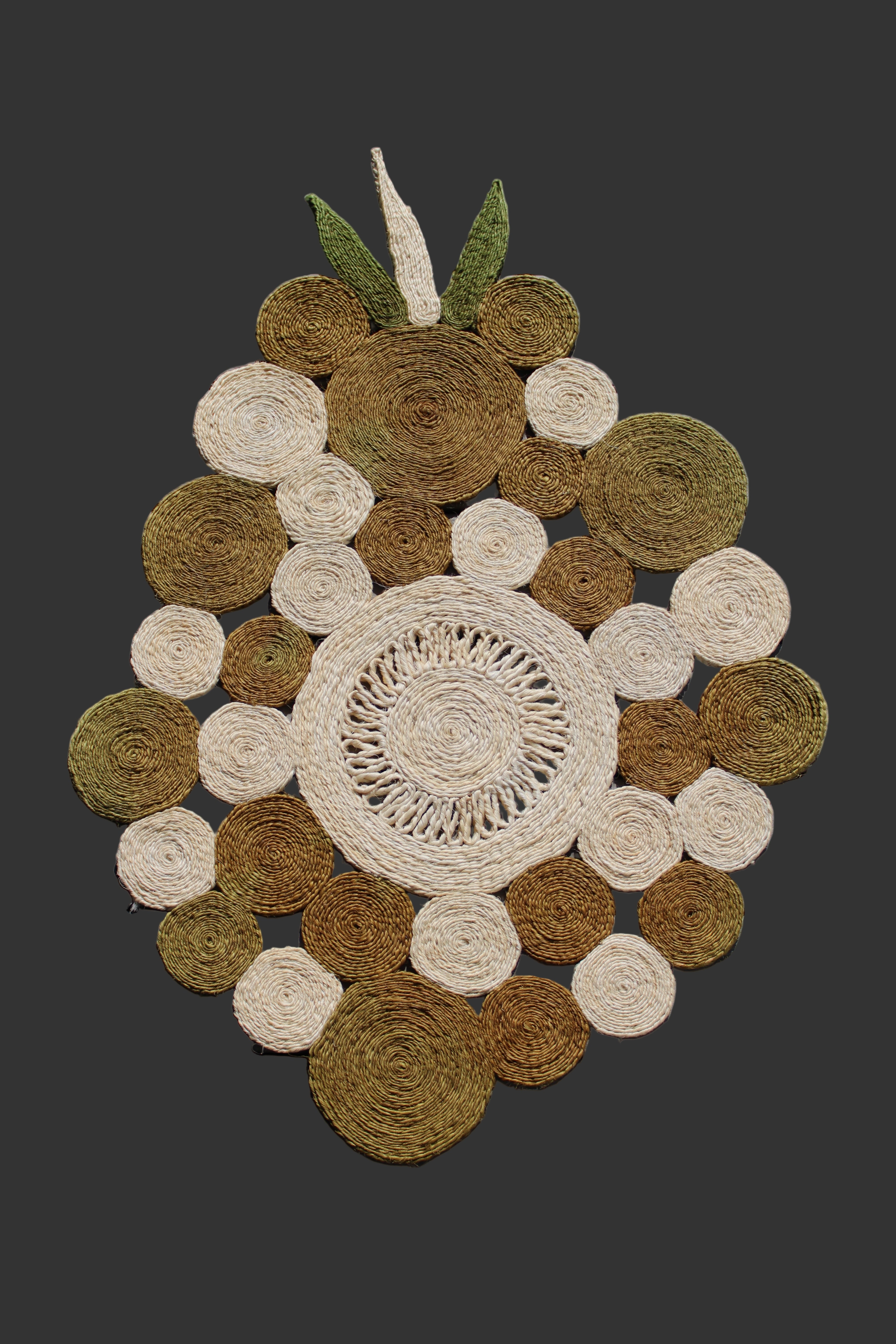 Mari Multicolor Disc Sisal Decorative Wall Art Floor Rugs handmade braided natural sisal fiber wrapped into multi sized discs of solid hues stitched together to make multicolor art - Shebobo