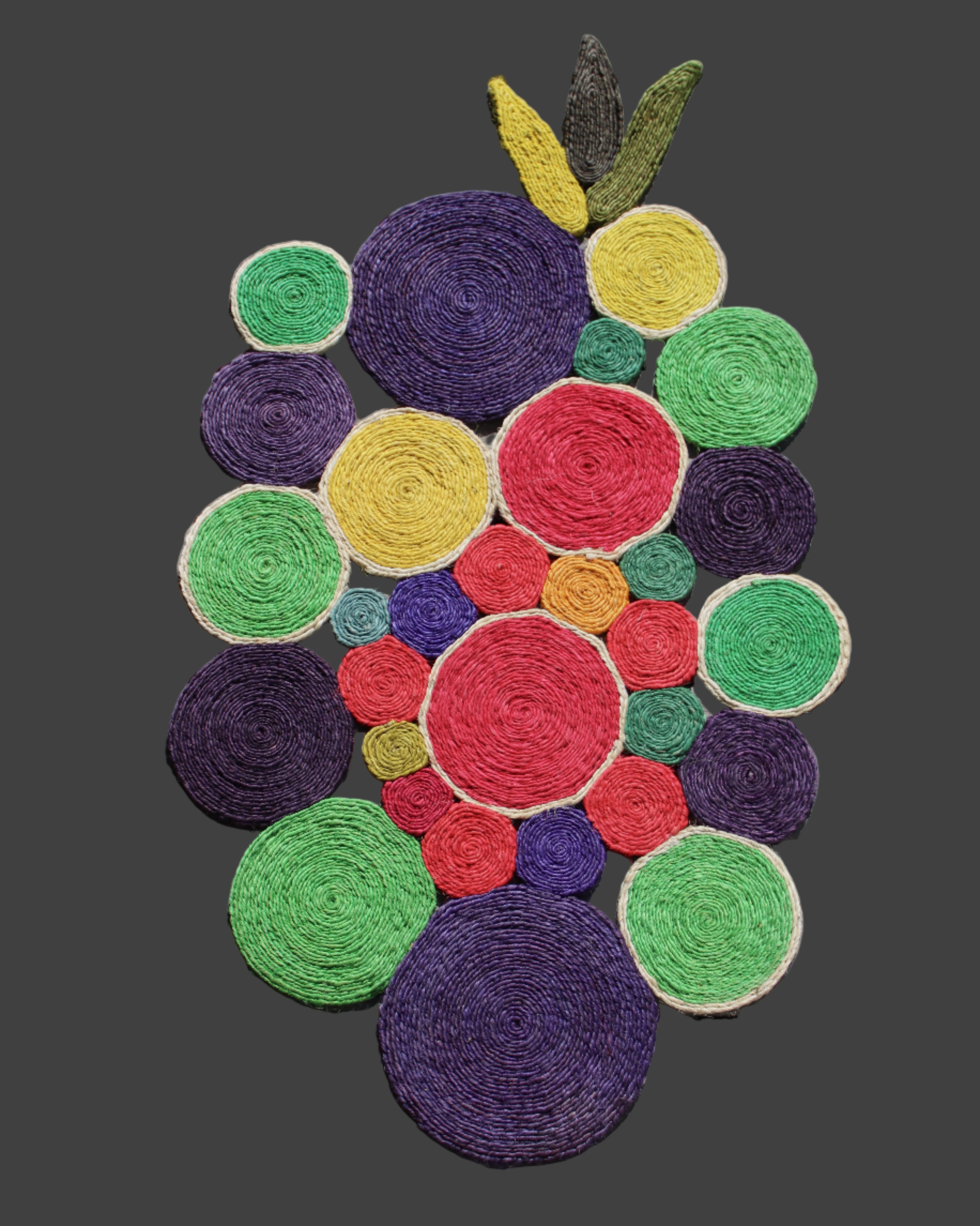 Mari Multicolor Disc Sisal Decorative Wall Art Floor Rugs handmade braided natural sisal fiber wrapped into multi sized discs of solid hues stitched together to make multicolor art - Shebobo