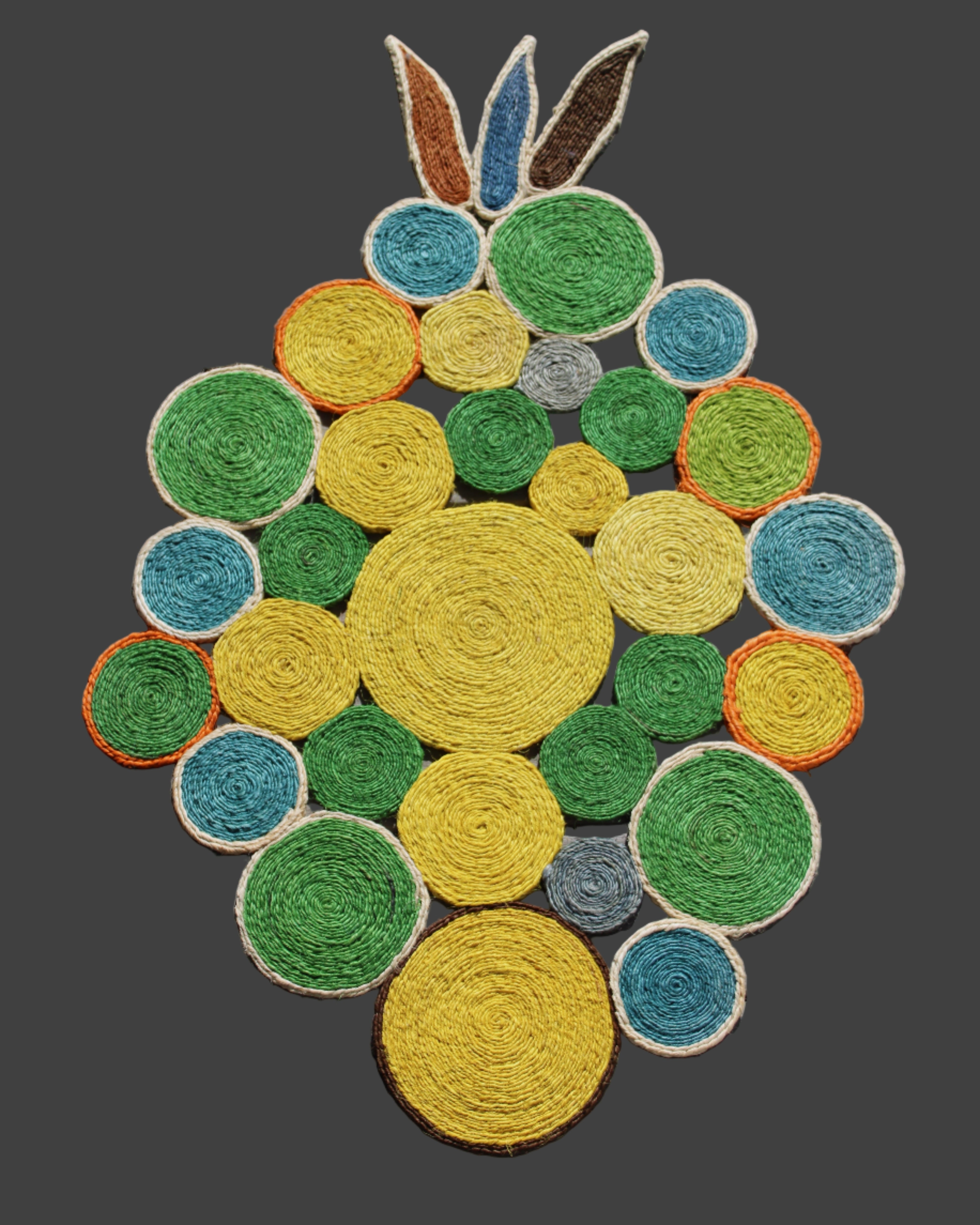 Mari Multicolor Disc Sisal Decorative Wall Art Floor Rugs handmade braided natural sisal fiber wrapped into multi sized discs of solid hues stitched together to make multicolor art - Shebobo