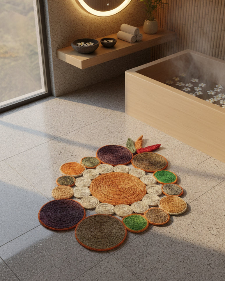 Lifestyle view Mari Multicolor Disc Sisal Decorative Wall Art Floor Rugs handmade braided natural sisal fiber wrapped into multi sized discs of solid hues stitched together to make multicolor art - Shebobo