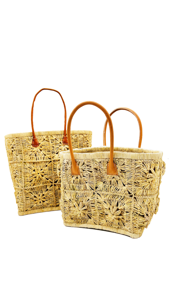 Two sizes Large & Medium Marie Flower Crochet Straw Basket Bag handmade natural raffia palm fiber woven into a geometric grid of squares with a central flower per square similar to a granny square pattern handbag tote with leather handles - Shebobo