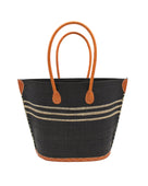 Marina Racing Stripe Small Straw Tote Bag handmade loomed natural raffia palm fiber in a solid hue of black with three horizontal bands of natural straw color making a pinstripe pattern across the top third of the bag with matching cross-stitch edging, leather handles and accents beach bag handbag - Shebobo 