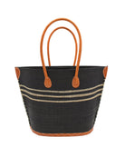 Marina Racing Stripe Small Straw Tote Bag handmade loomed natural raffia palm fiber in a solid hue of black with three horizontal bands of natural straw color making a pinstripe pattern across the top third of the bag with matching cross-stitch edging, leather handles and accents beach bag handbag - Shebobo 